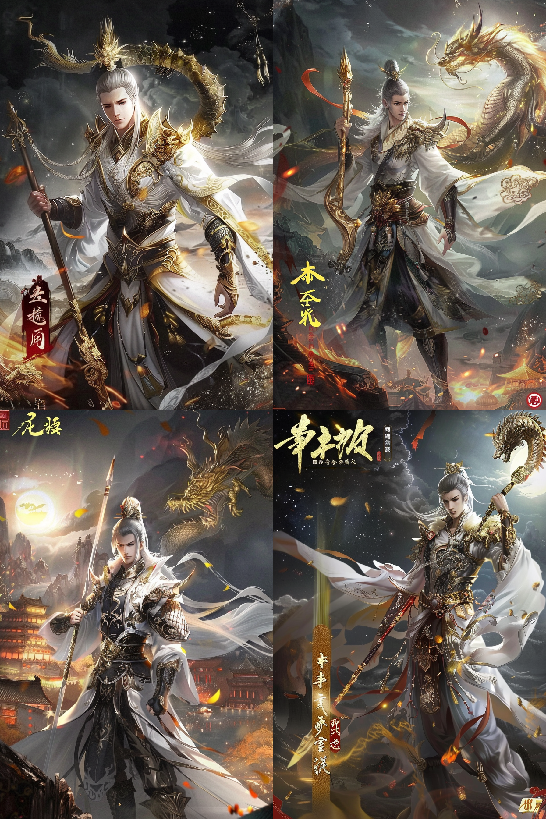 石昊 ， 鲲鹏宝术 ，夜幕中，立于天际，手执金龙长枪，身着盔甲