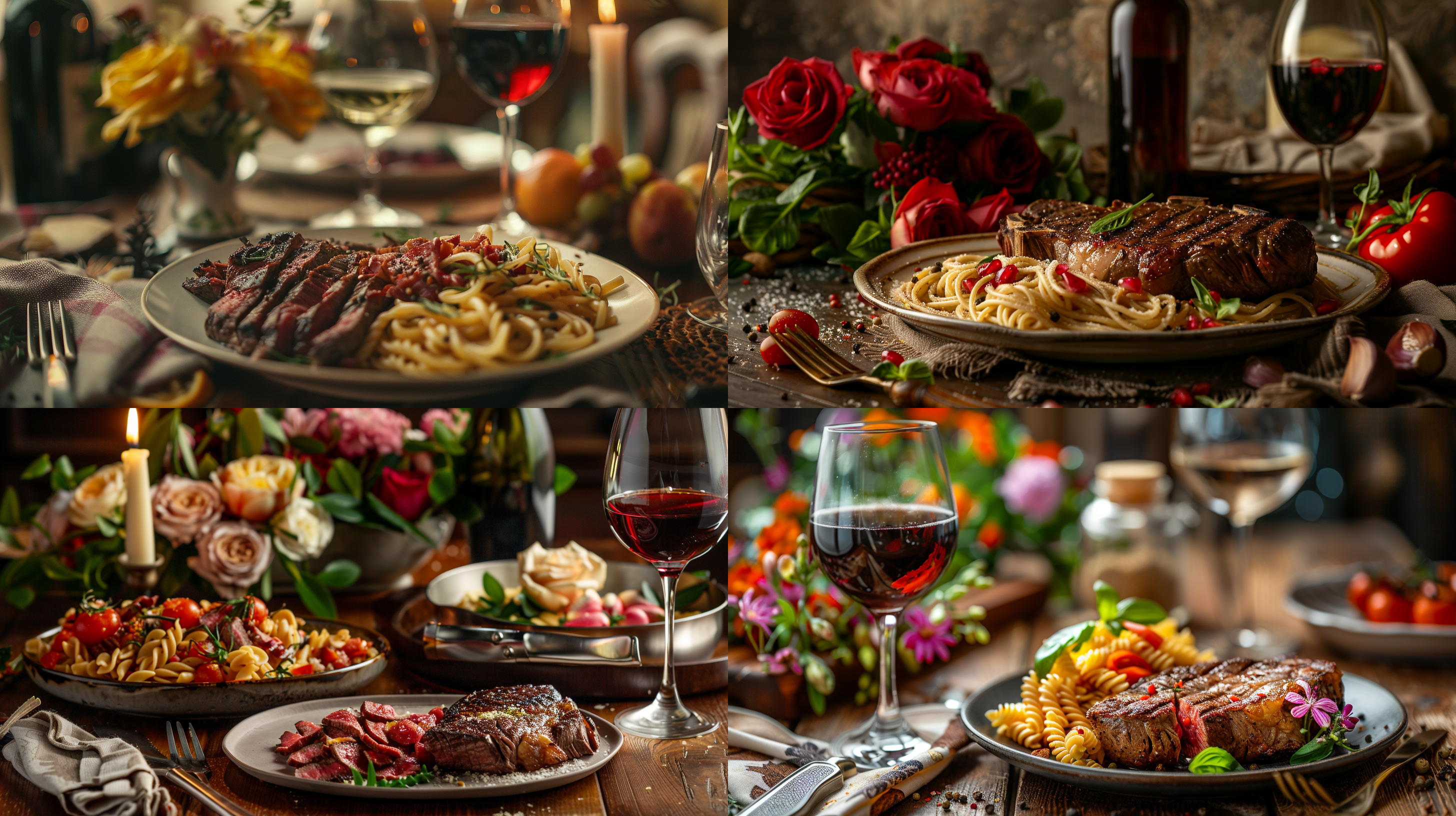 花朵与牛排、意面摆放在餐桌上，自然光线下，暖色调，明亮细节丰富，对比度高，诱人饱满，多彩。食物摄影，静物，中焦镜头，近景，色彩丰富，甜美。