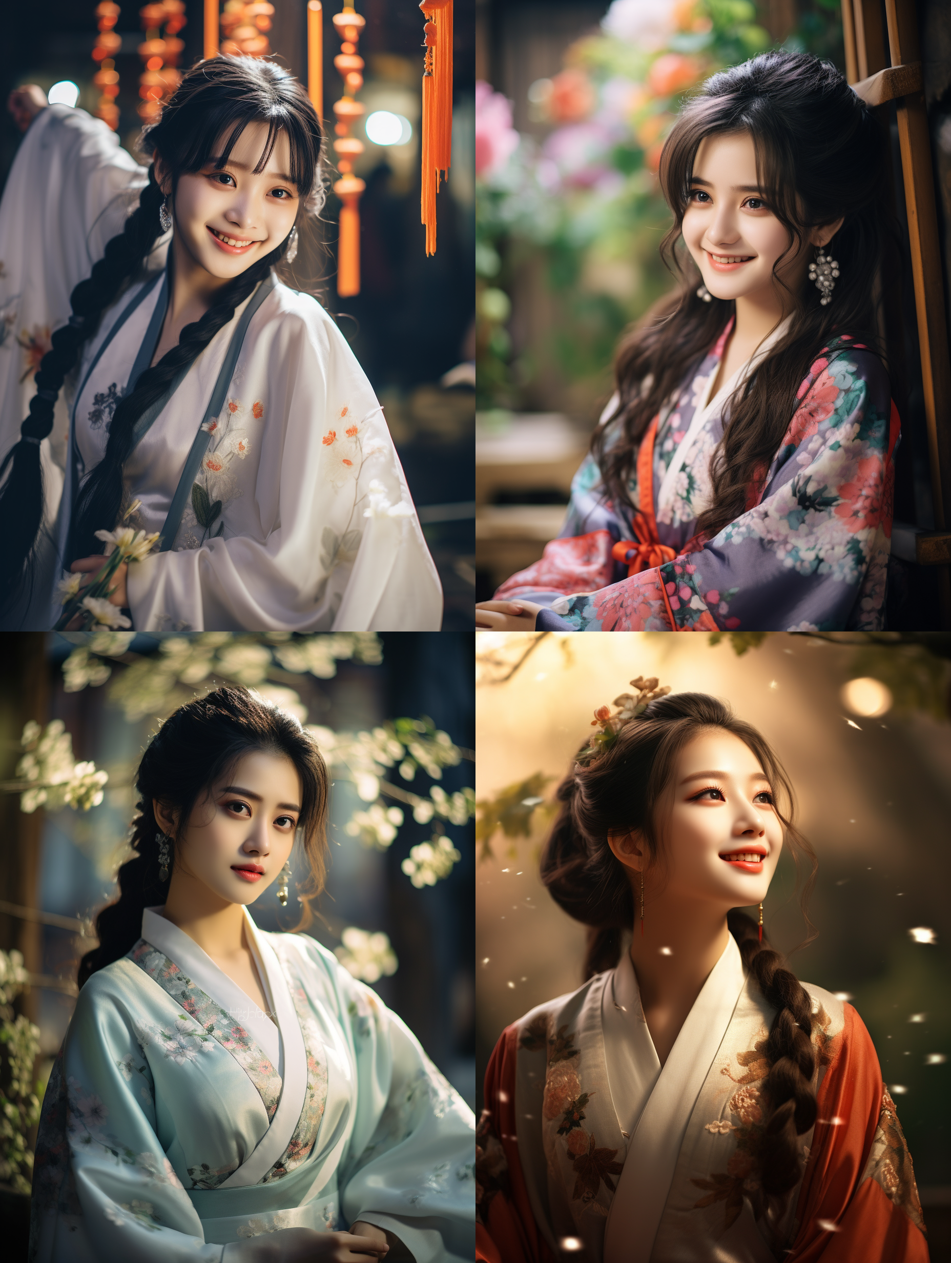 中国女孩穿汉服，微笑，明亮光线，八k分辨率，高对比度，细节丰富，全身特写，柔和色调，幸福表情，清晰逼真。