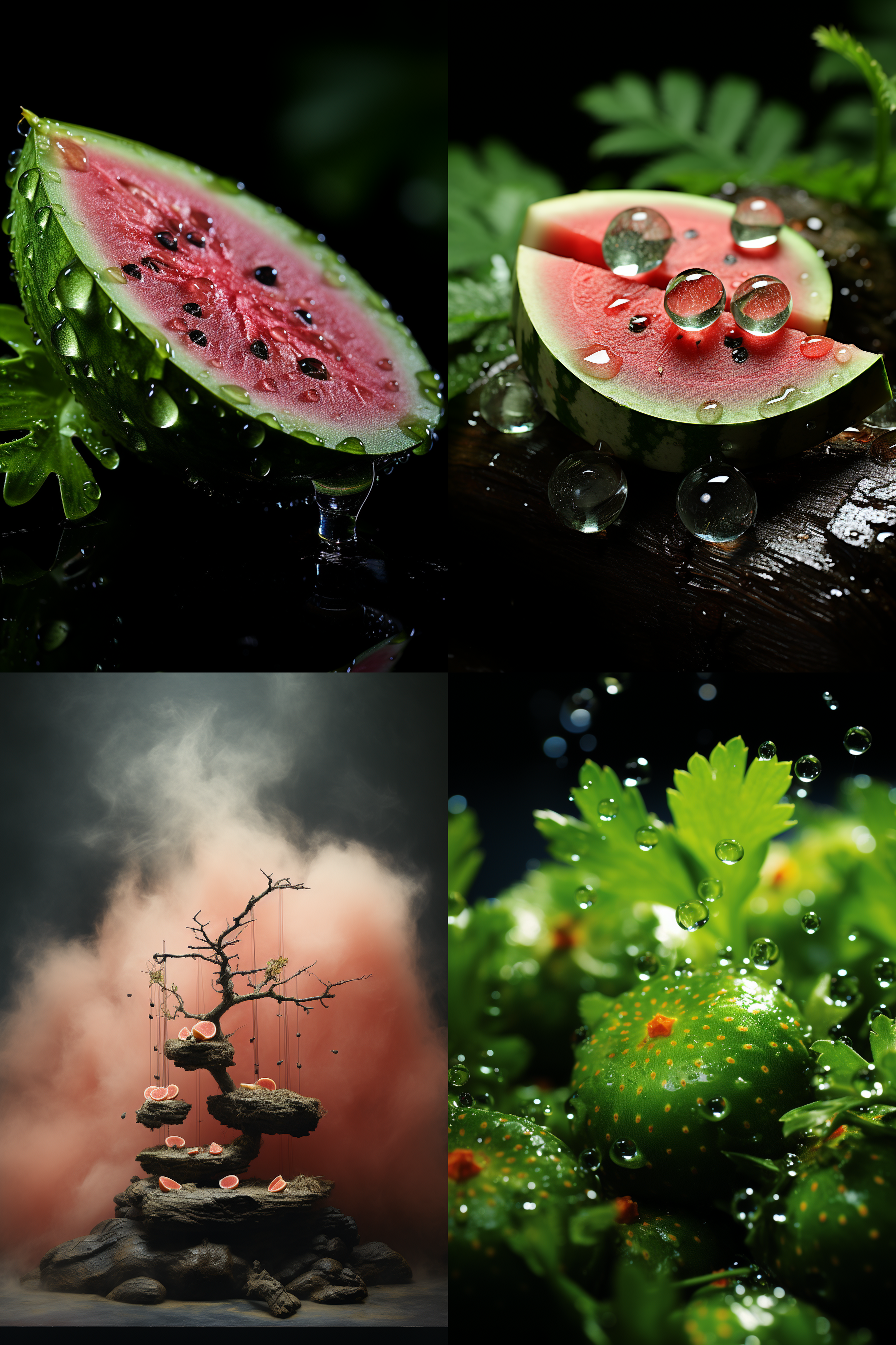 西瓜园，老树枝上挂着大西瓜，清新典雅，雾气蒙蒙，浅景深，水珠，2:3长宽比，原始风格，200风格化。