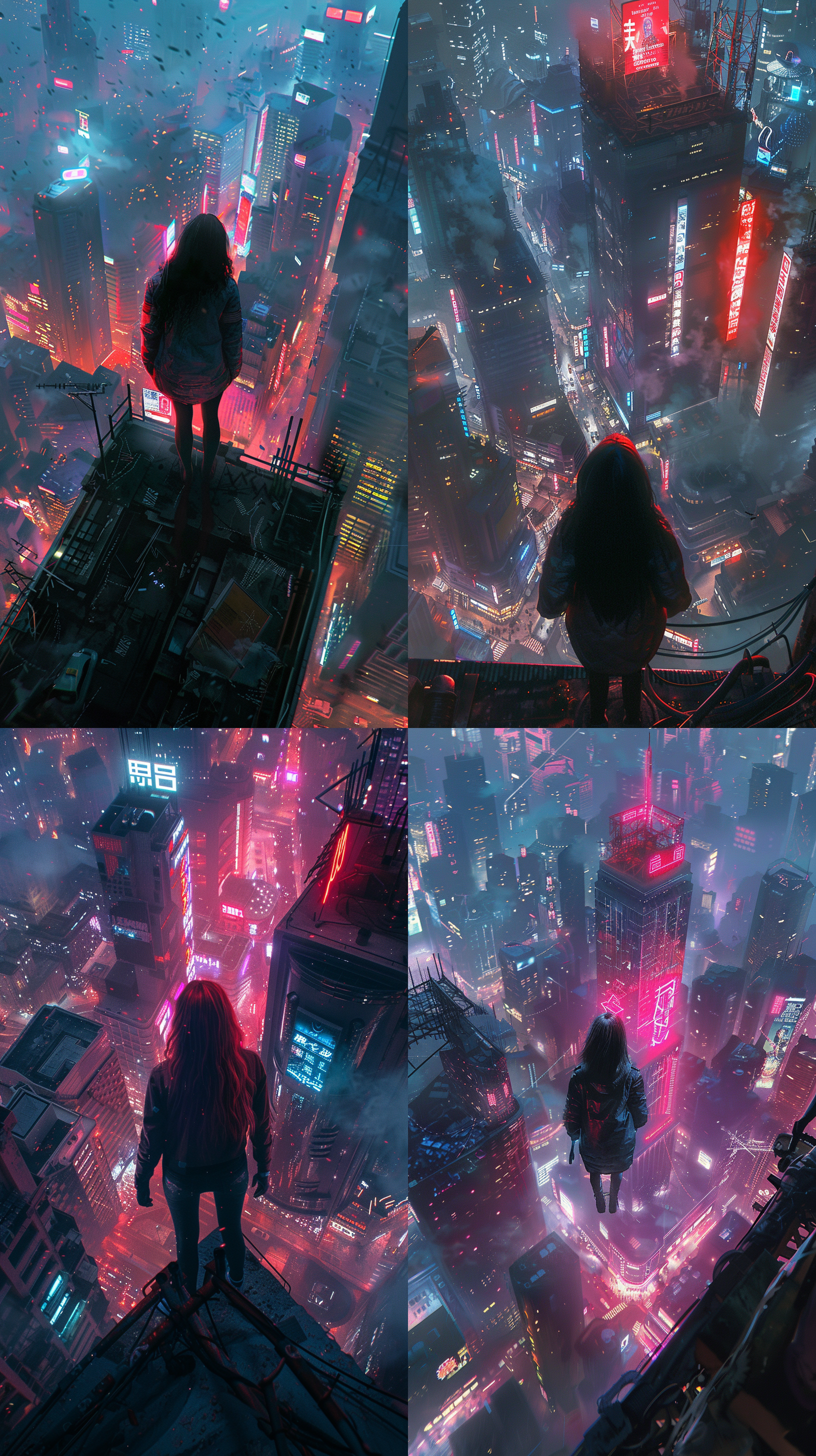 插图，赛博朋克，一个女孩站在城市上空，废墟，霓虹冷光，鸟瞰图，虚幻引擎 赛博朋克