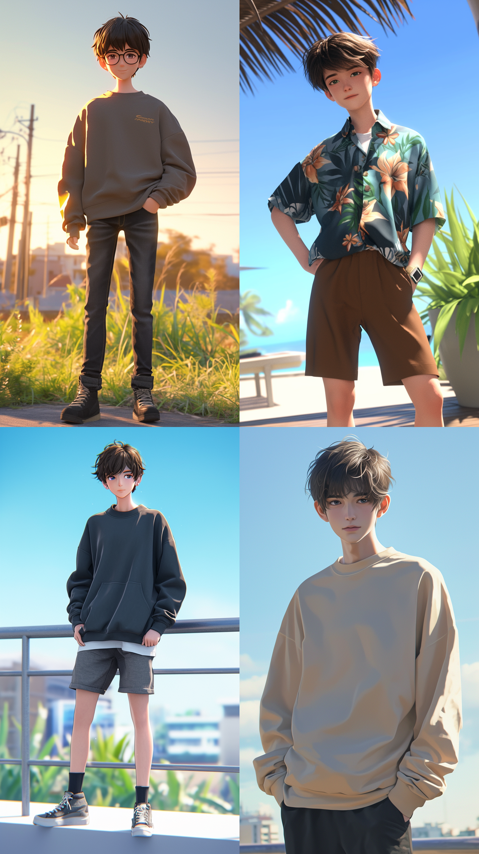 高高瘦瘦的30岁男孩，全身照，正脸，阳光明媚，卡通3d场景，blender