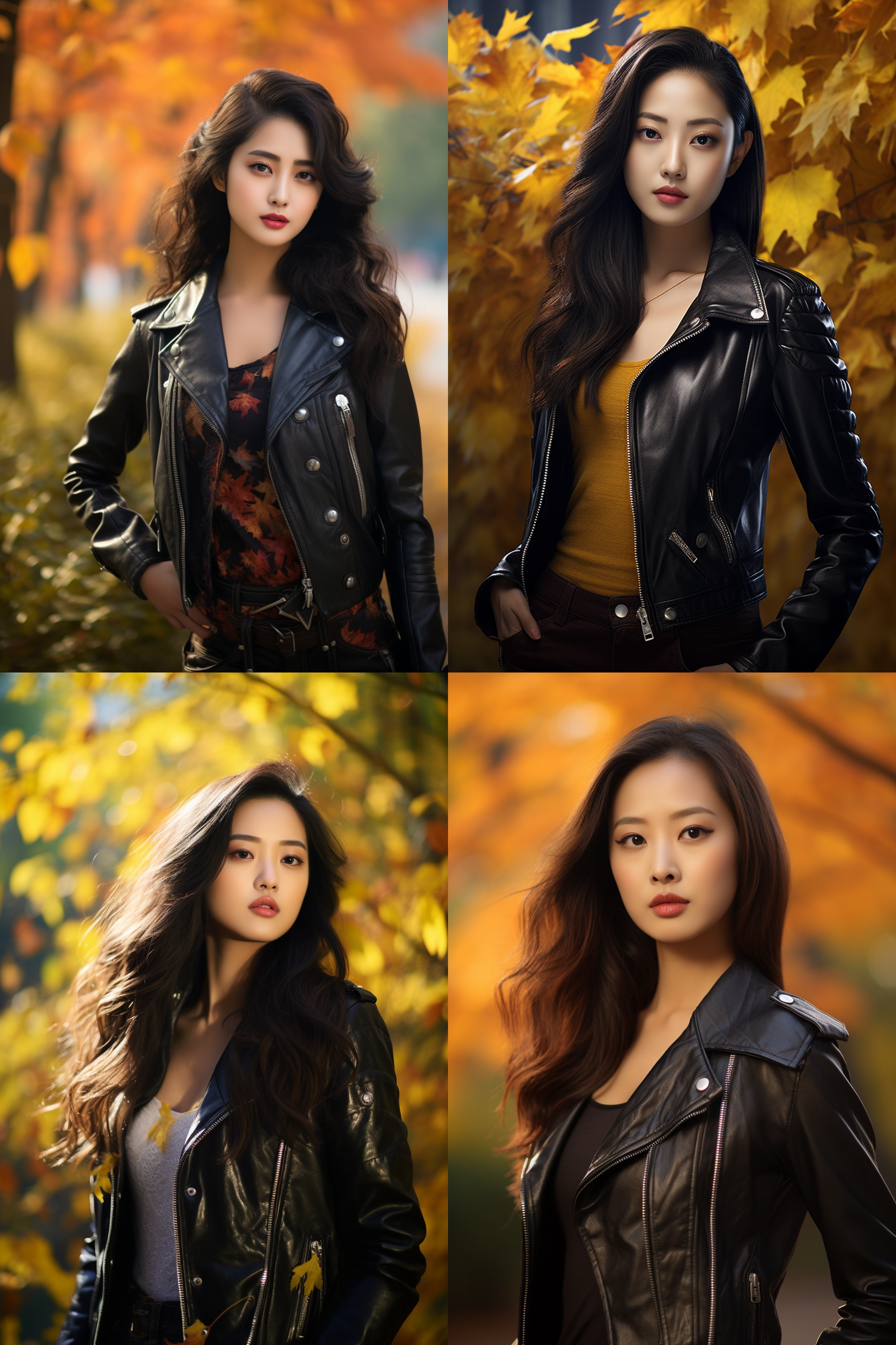 中国女孩人像，穿皮衣，秋季户外，明亮环境，超高清摄影图