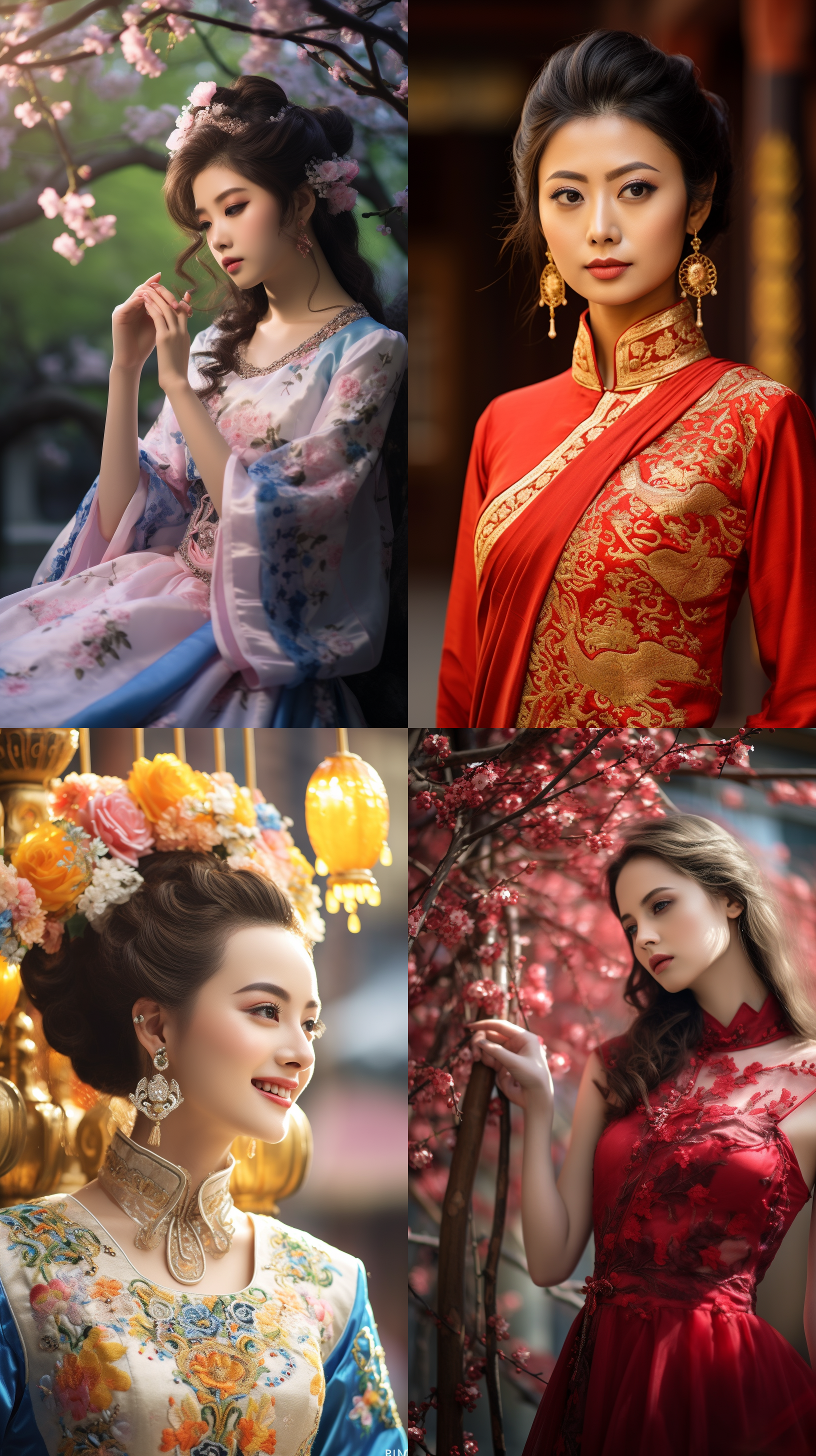 室外拍摄，明亮色调，中国模特穿着古典服装，侧面肖像，柔和光线，中焦镜头，端庄表情，优雅动作，传统元素，油画效果，温暖情感
