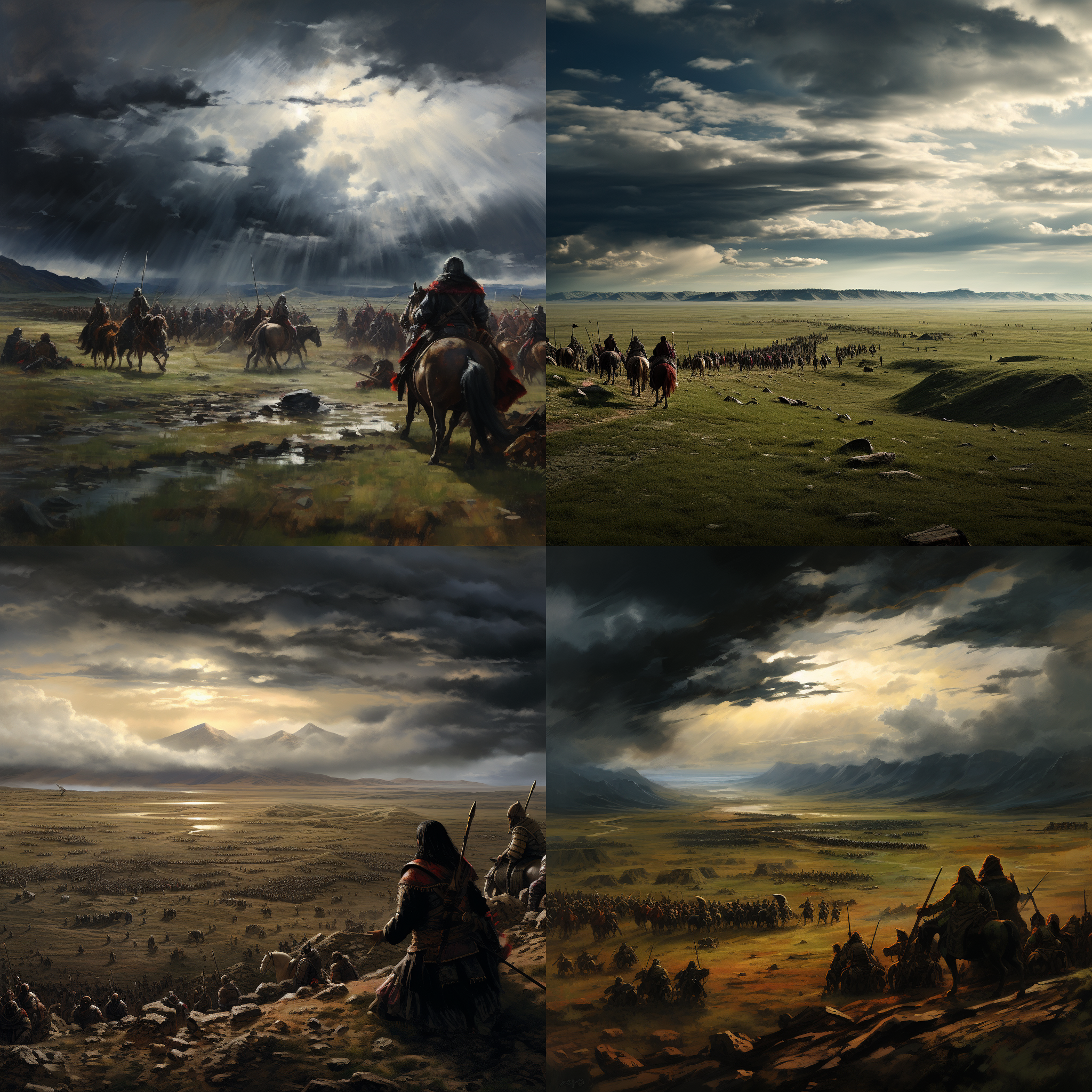 蒙古军队败退到蒙古草原，远景中是茫茫大草原，天空中飘着乌云，暗示着战败的气氛。前景中，蒙古战士们疲惫不堪地奔逃，他们身上的盔甲和武器都显得破旧和脏污。他们的面容表情凝重，带有绝望和无助。整个画面以大草原为背景，给人一种辽阔而悲壮的感觉。败退，大草原，乌云，疲惫，盔甲，武器，破旧，脏污，绝望，无助，辽阔，悲壮。