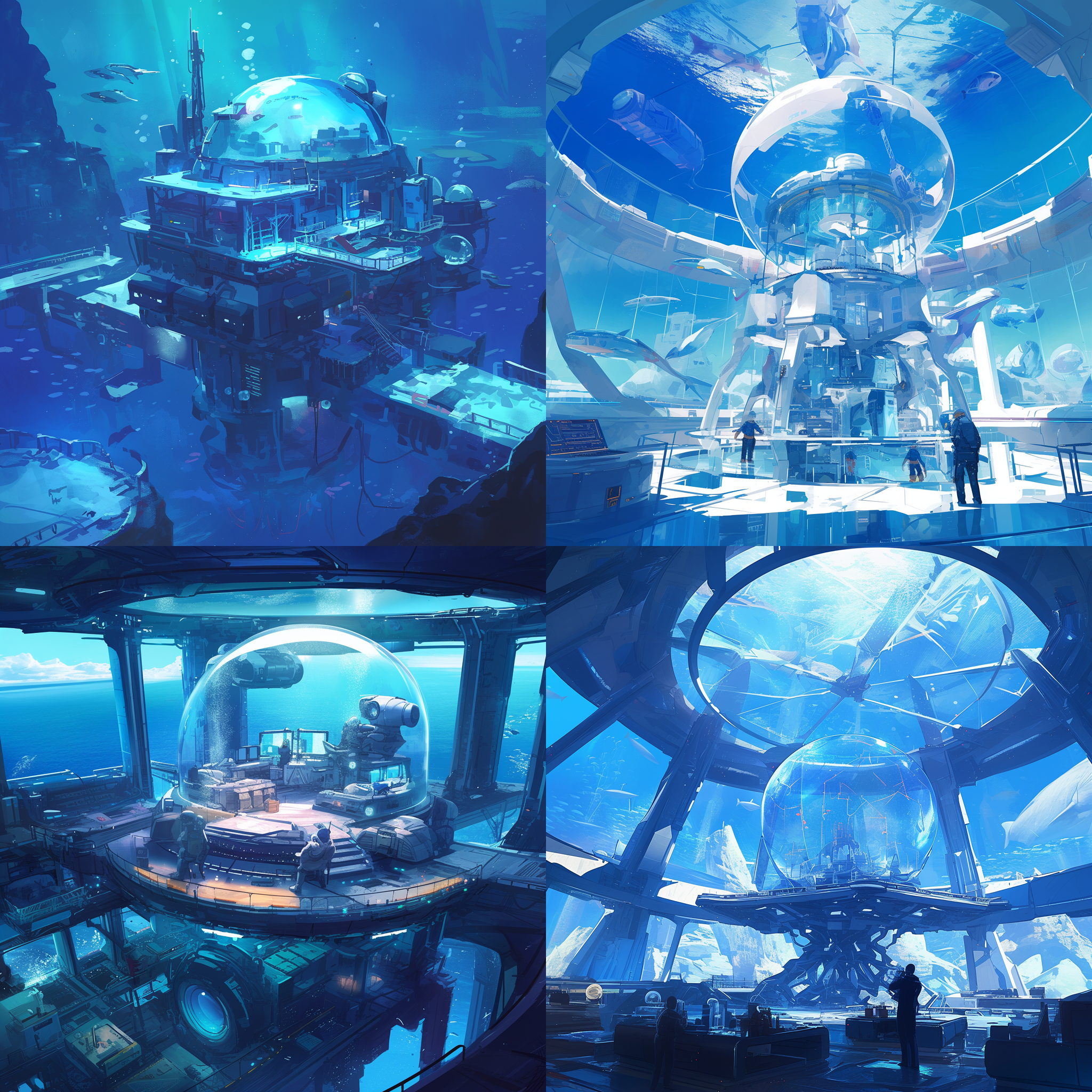 未来海洋底下基地，移动式构造，人工智能控制，高科技设备，蓝色调光线，玻璃穹顶，机器人助手，深海环境，未知探索，神秘氛围。