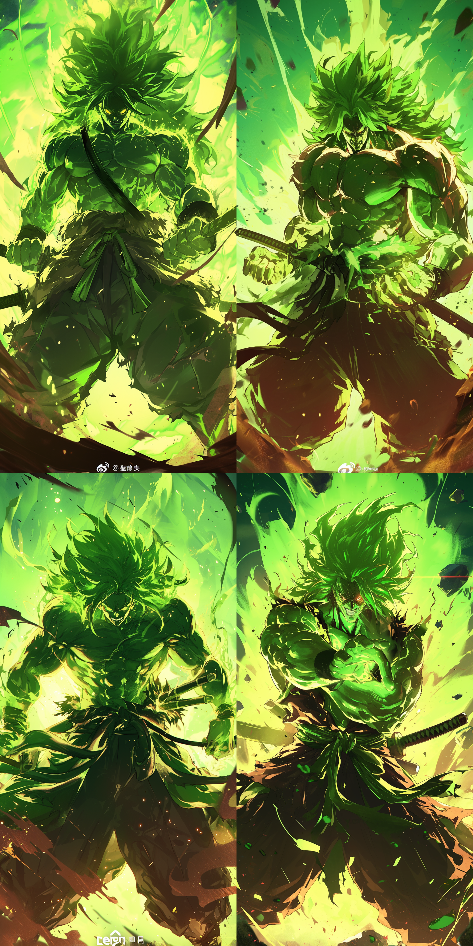 broli穿日式武士盔甲，手持薙刀，愤怒战斗，瞬间冻结，动作凌厉，瞳孔放大，山顶对决，逆光，暗色调，细节丰富，战意凛然。