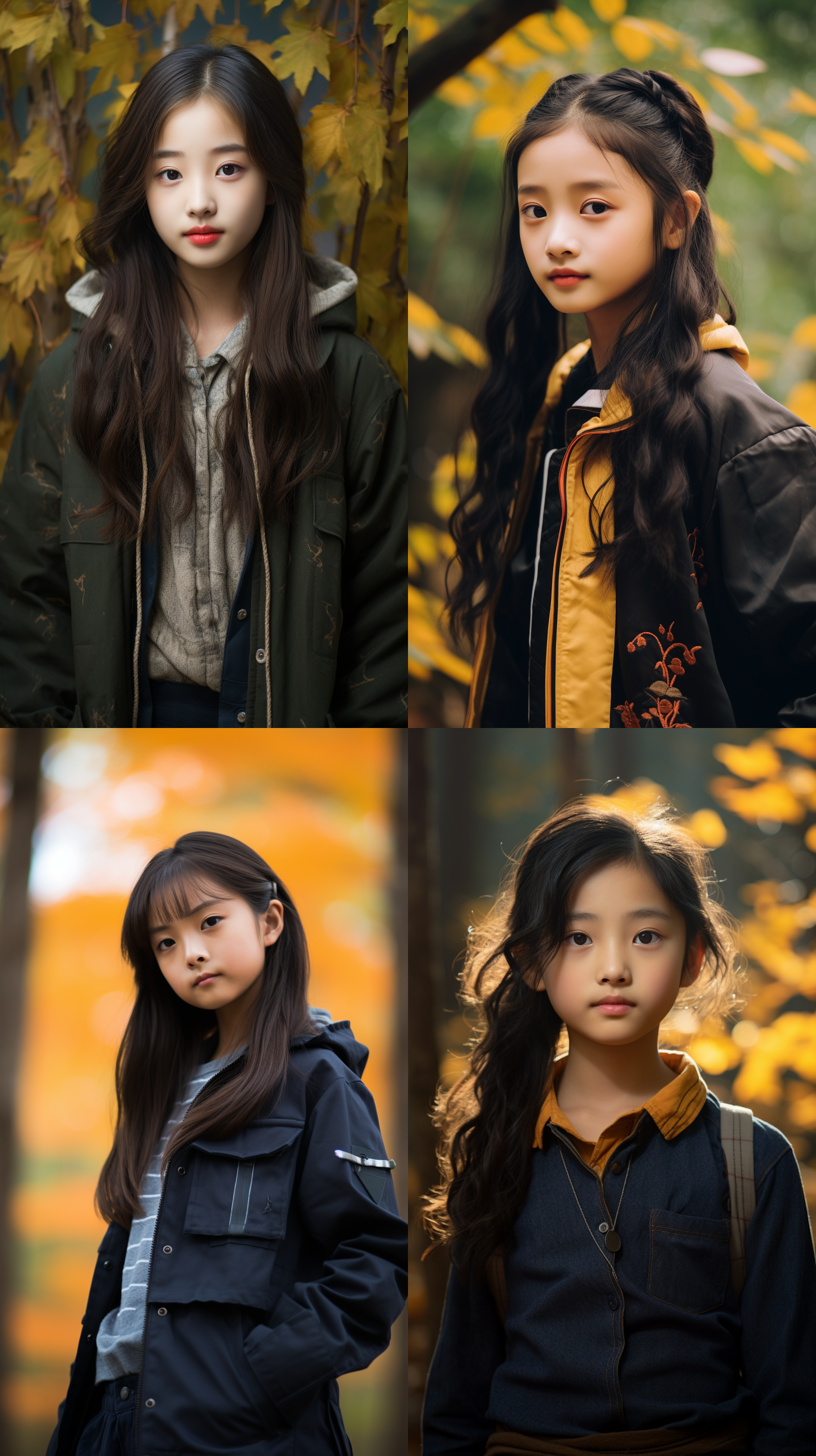 12岁中国女孩,肖像镜头，枫林背景