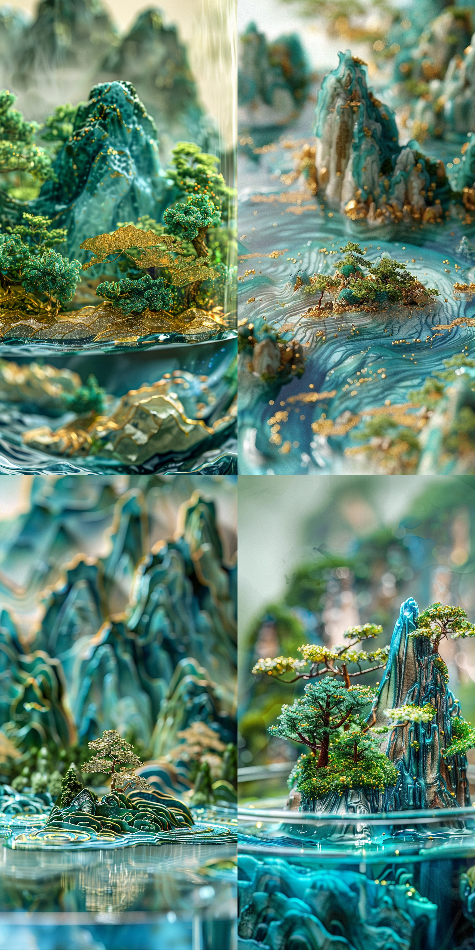 微缩景观，中国山水画，玻璃中的3d立体效果，蓝绿色调，金线，自然光，全景构图，前景模糊，超高清，8k。