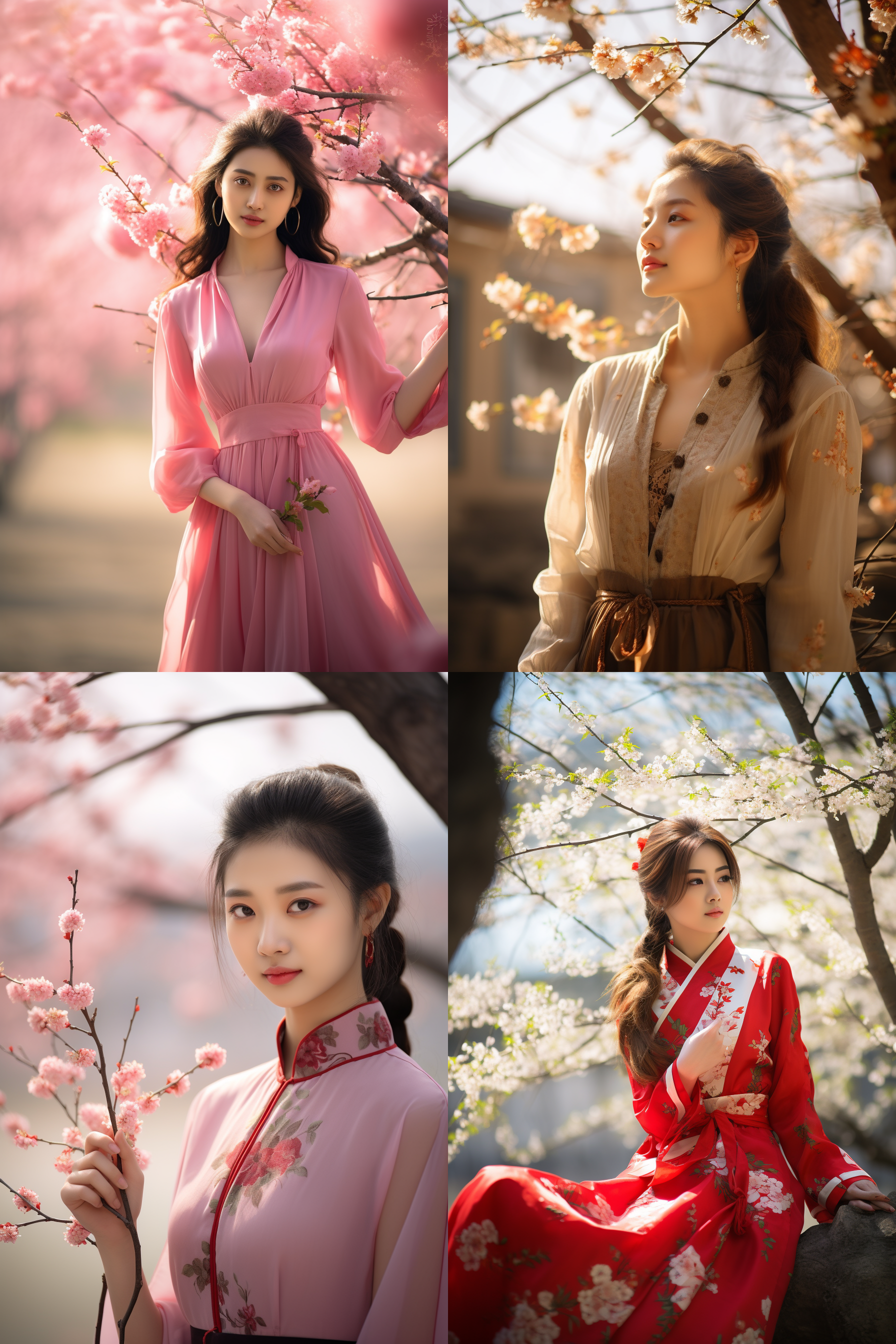 中国女孩，套裙服饰，春日摄影，明亮光线， 清新自然，户外风景，肖像模式，中焦镜头，自然姿态，