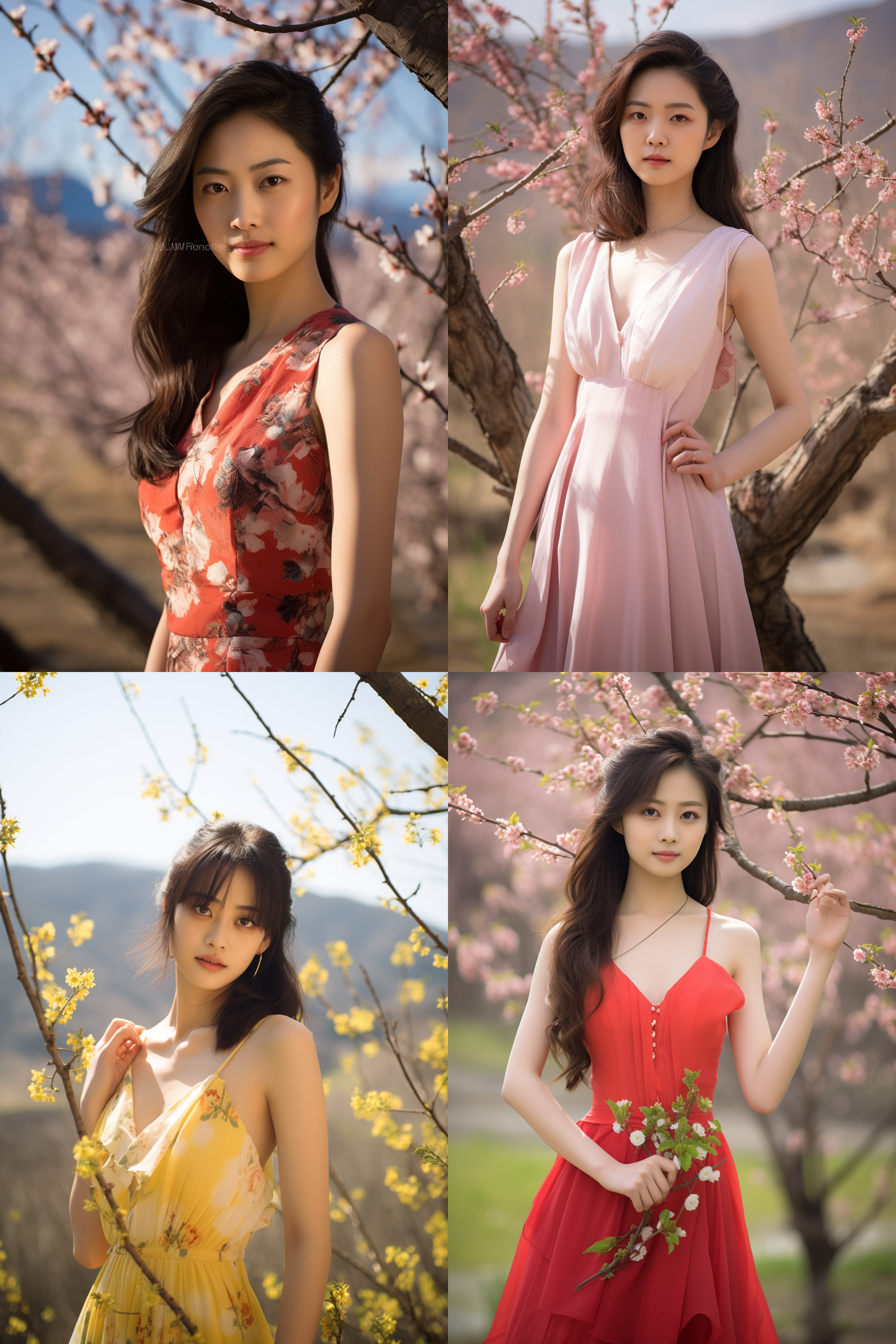中国女孩，套裙服饰，春日摄影，明亮光线， 清新自然，户外风景，肖像模式，中焦镜头，自然姿态，
