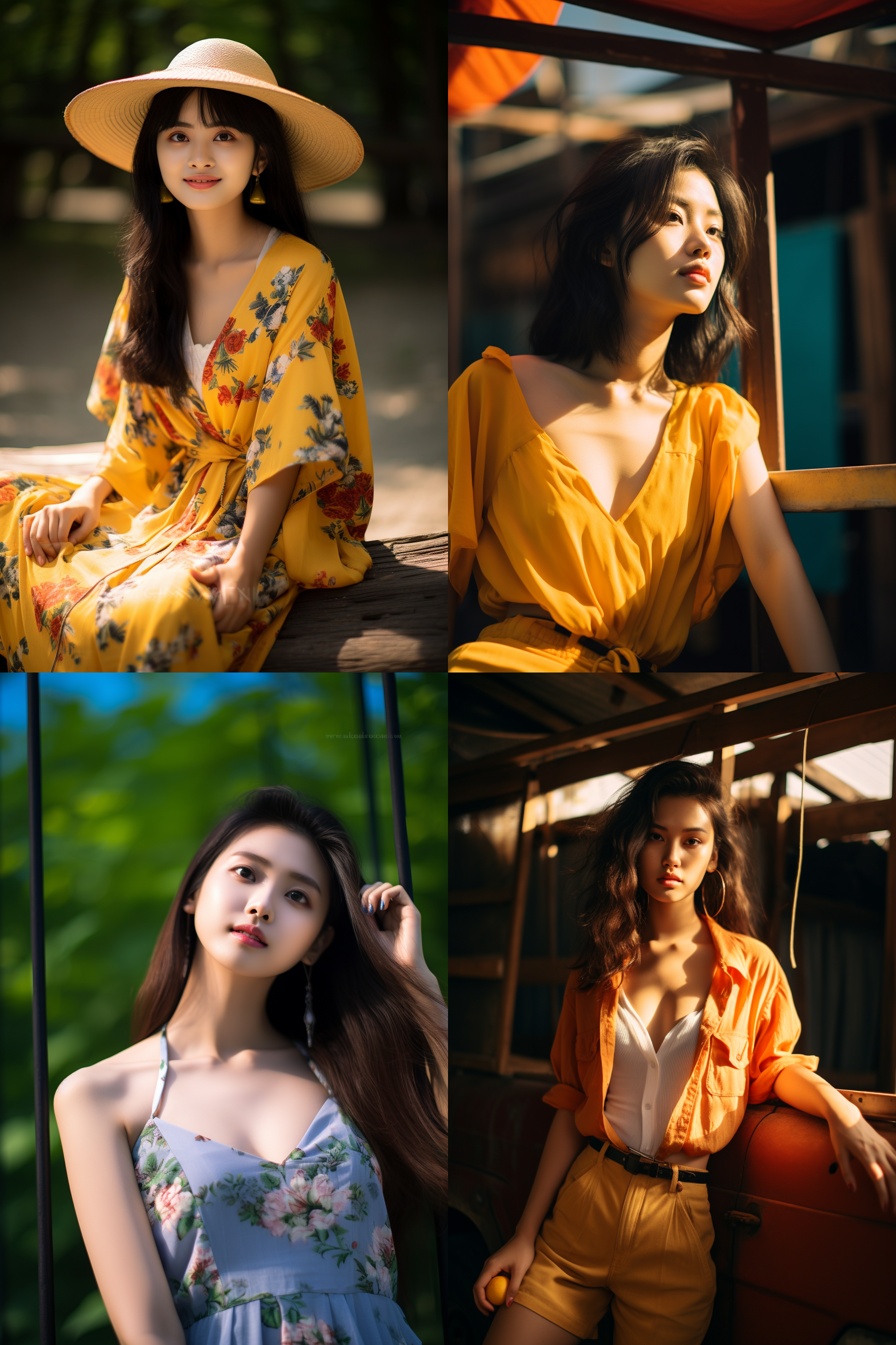 中国女孩，夏季服饰，夏日摄影，明亮光线， 清新自然，户外风景，肖像模式，中焦镜头，自然姿态，