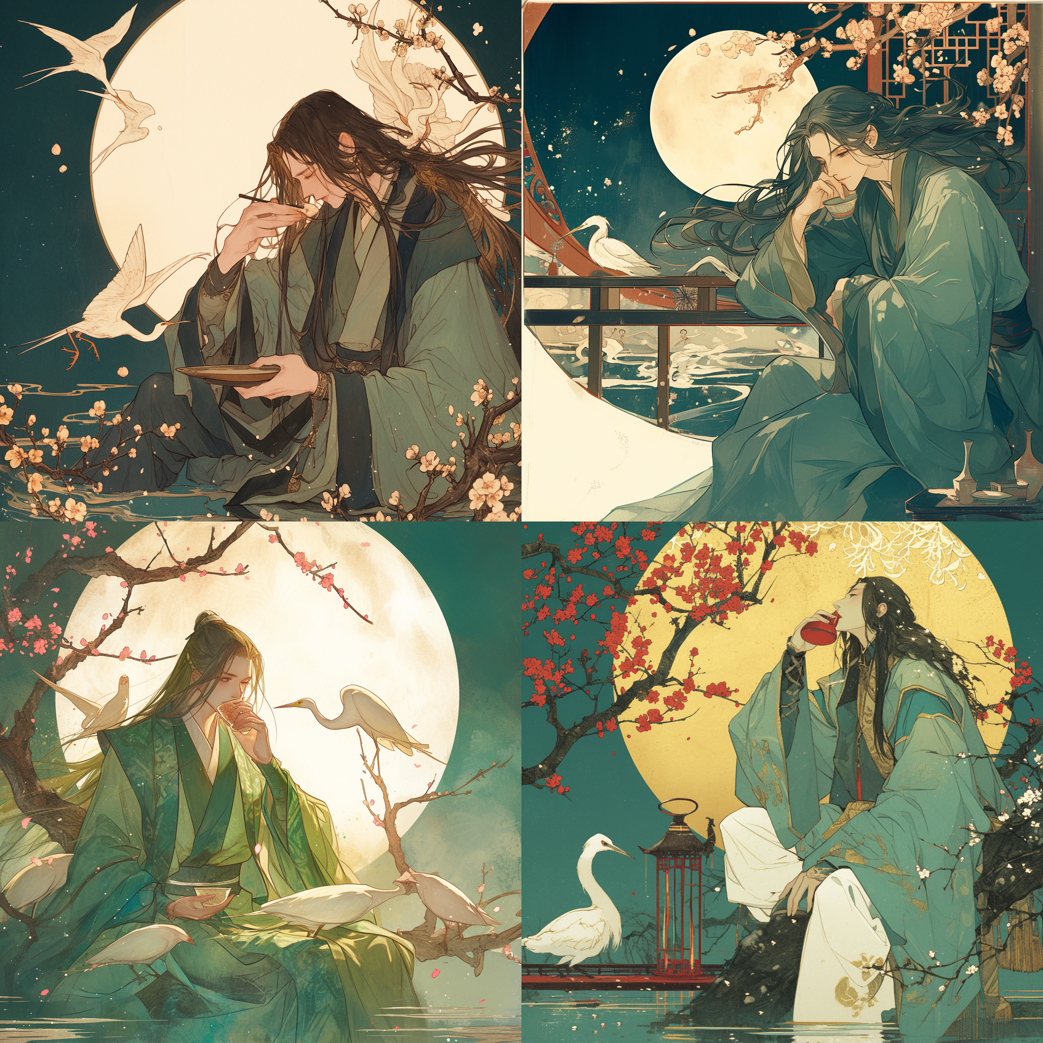 长发青衣男子树前饮酒，河边风烟桃花飘落，白鹭降低姿态，明月照耀。中国风，情感表达，阳春下，明月玉盘，寂静。