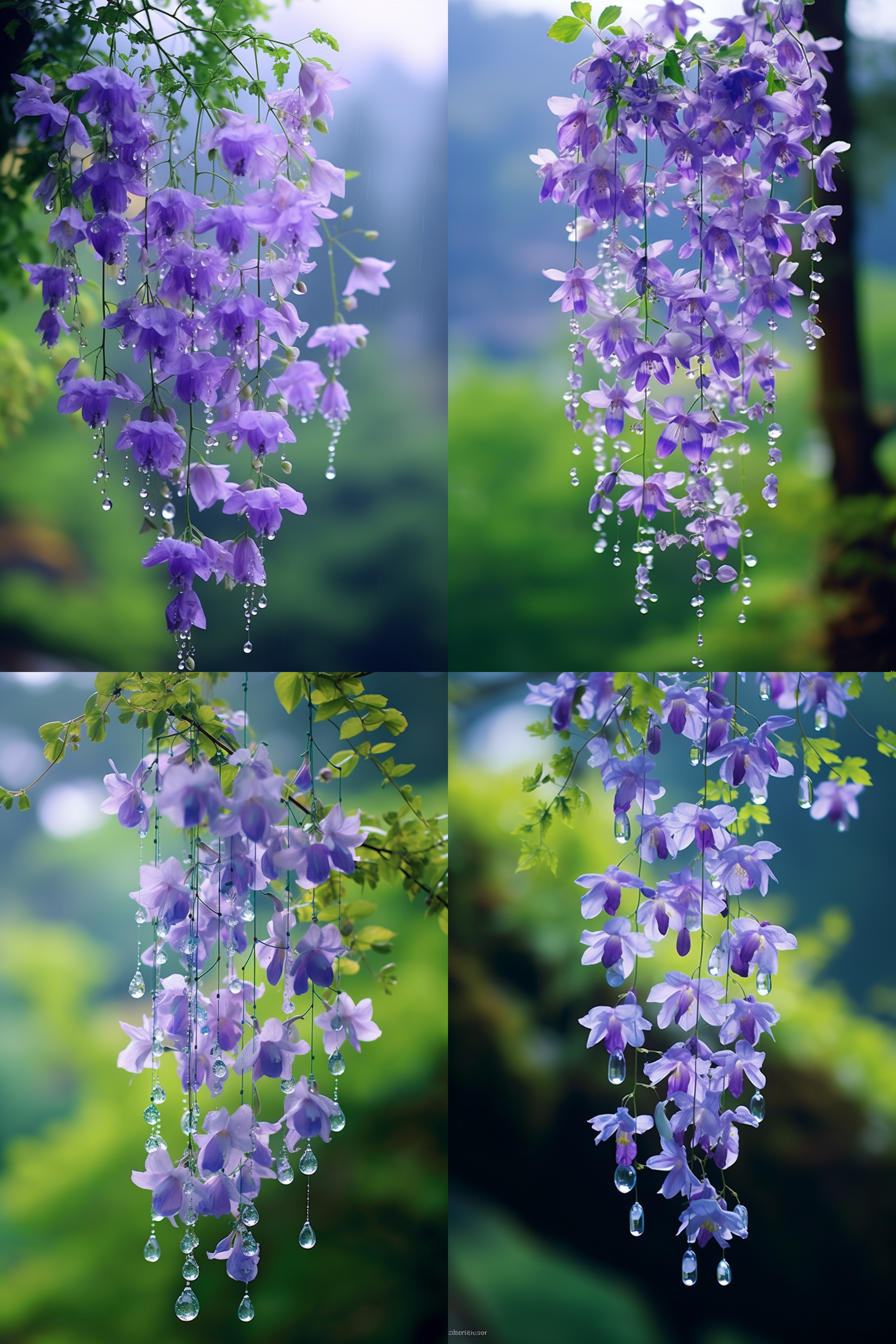 春天的早晨，大雨过后，莫奈花园风格，世界顶级摄影师广角真实超高分辨率拍摄了1000朵美丽的紫蓝色风铃草挂在山林中，花儿像帷幕一样在风中摇摆，浪漫的花园背景，明晰可见透明的花瓣上有晶莹剔透的露珠，美丽、浪漫，宫崎骏式高清摄影，高清-宽高比2:3-风格原始-风格化程度200。