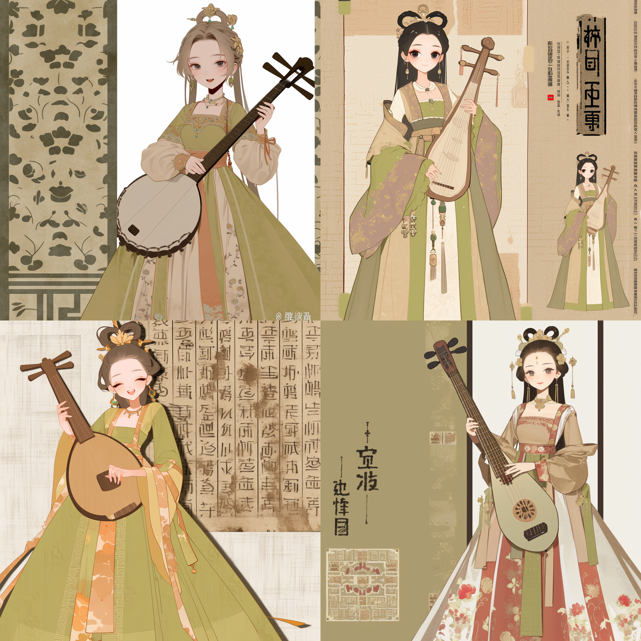 陈圆圆，梨园头牌，梳倭堕髻，人丽如花，清新淡雅，淡妆，有大家风度，秦淮歌姬，手拿乐器，衣服颜色明艳 戏剧风格，古典气息，高调色彩，传统服饰，舞台灯光，婉约动作，抓拍，优雅神态，细节丰富