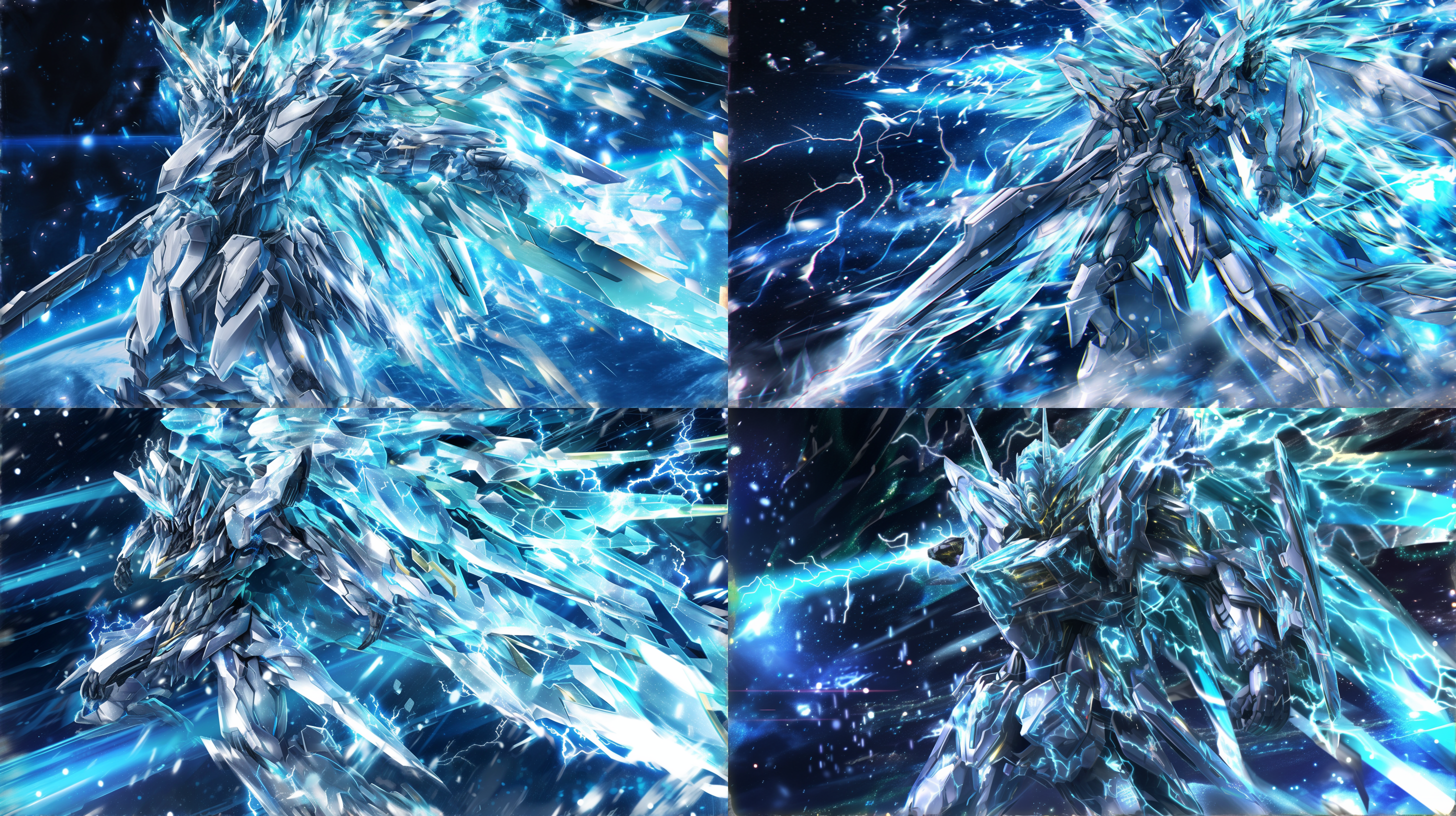 机甲高达，高频背景，配色惊艳，星空环绕，雷电效果。造型震撼，流光耀眼，银绿金色调，动感构图，金属外观，震撼，高颜值，美观镜头，星海环耀。