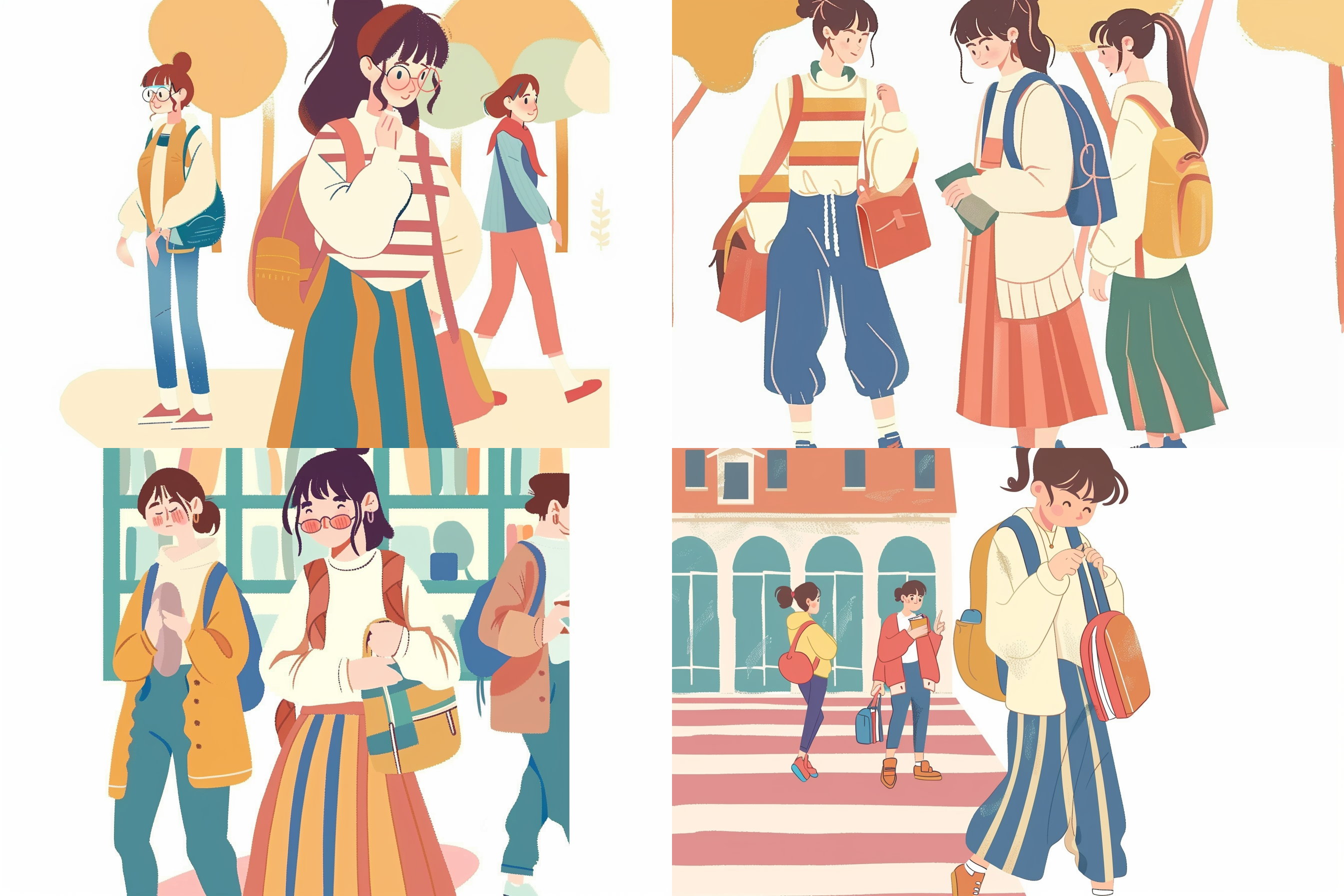 大学生插画，扁平风，色彩鲜艳，简洁线条，背景是校园景色，主题为学生们积极向上的形象，他们在图书馆里认真学习、在操场上运动、在实验室里做实验，表情专注而充满活力。