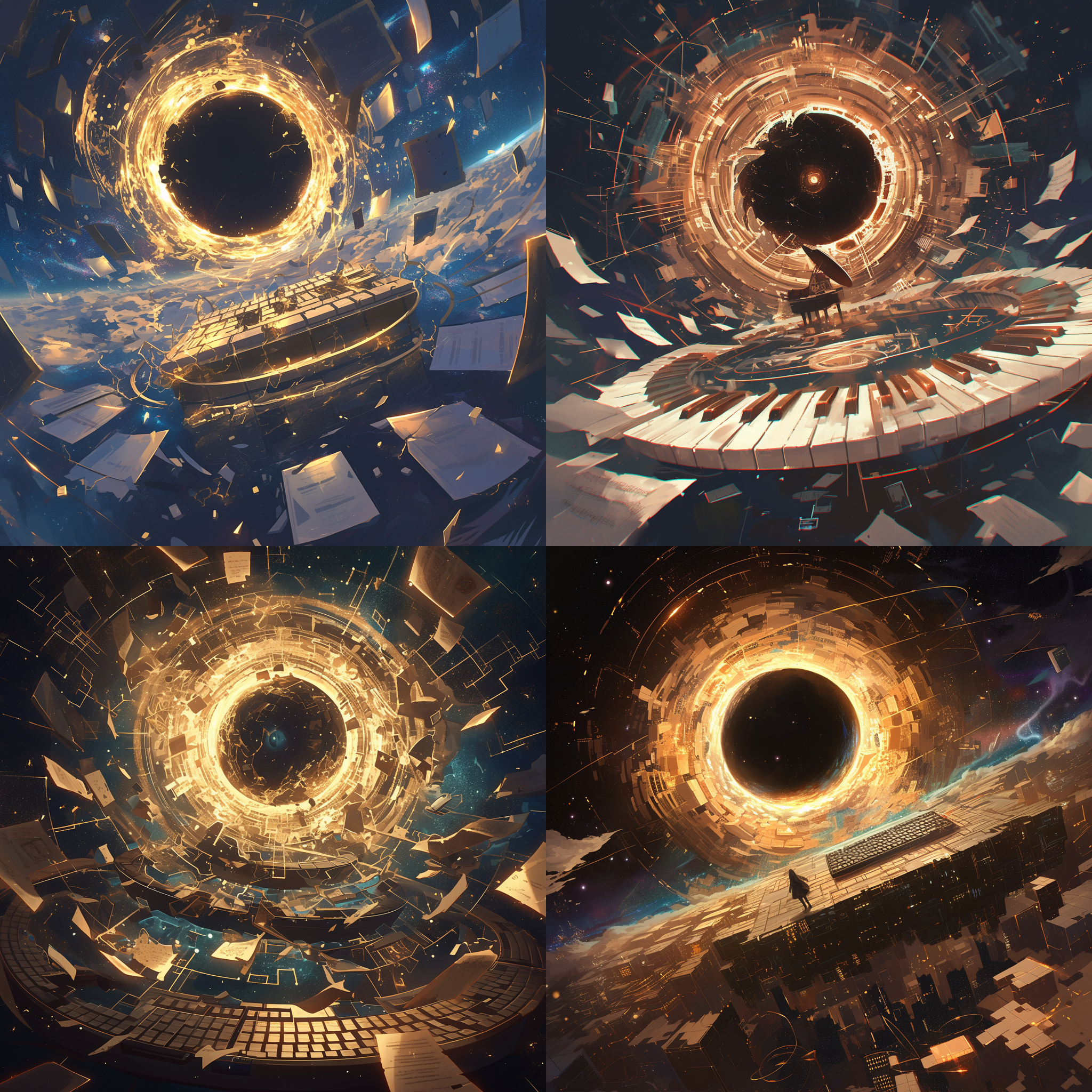 the mysterious golden keyboard floats in the universe, while the black hole shatters in the background. highlights, night scenes, flashes, dark tones, rich details, nebulae, science fiction, futurism, mystery, and attraction.