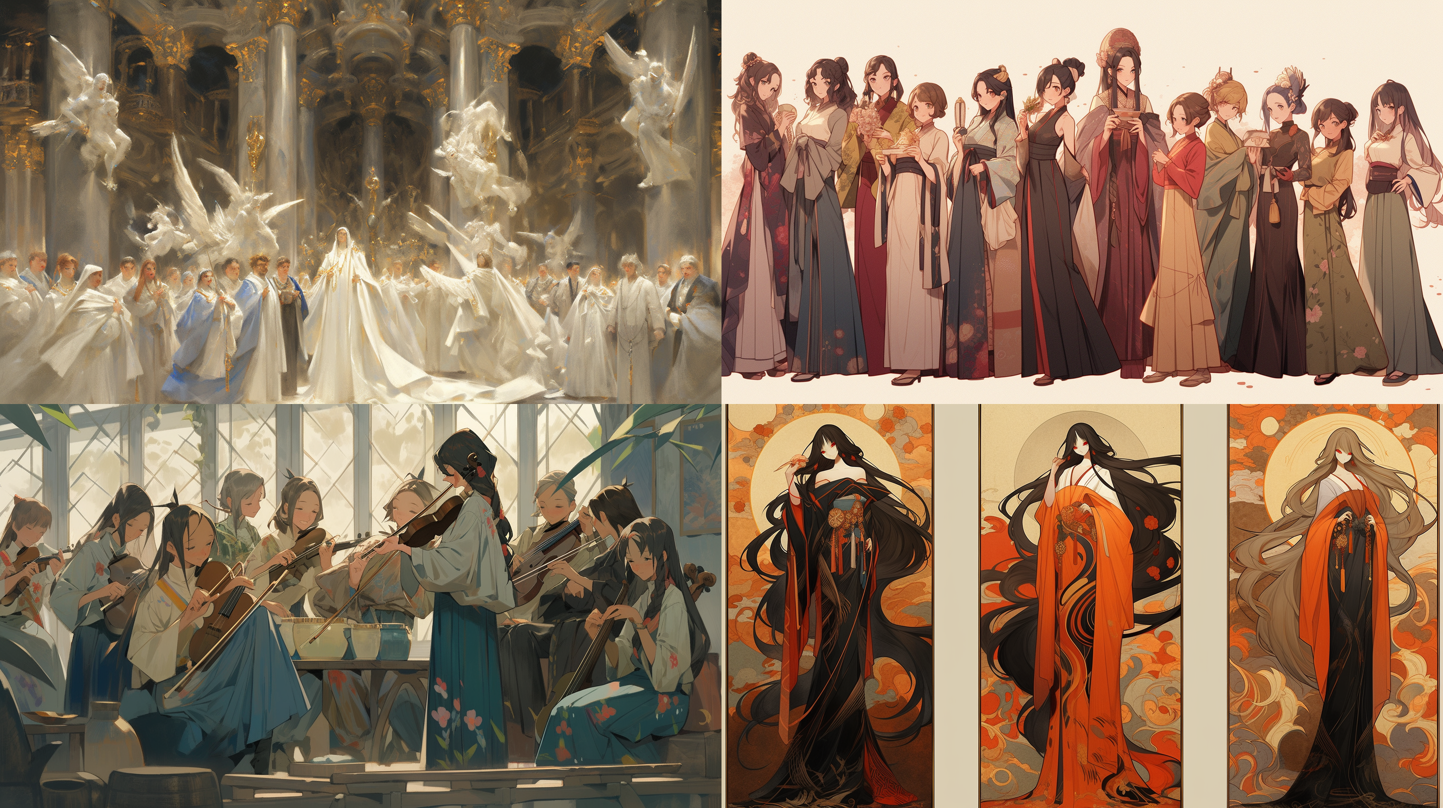古风国风，敦煌壁画主题，唐代服饰，优雅仕女，富丽堂皇的宫殿背景，绚丽多彩的色彩，细腻线条，古典气息，娴静神态，华丽装饰，金色调。