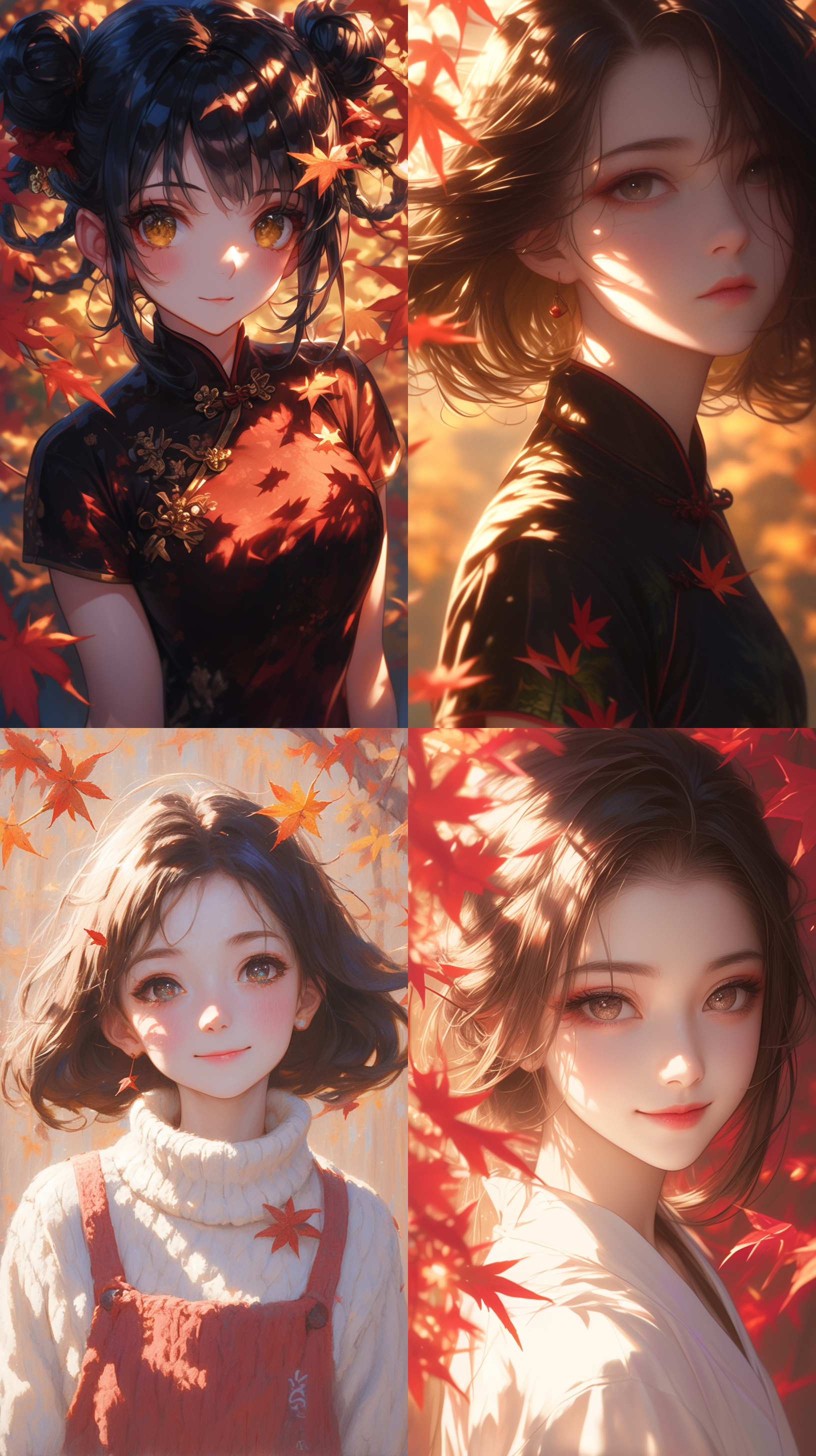 12-year-old chinese short haired girl, portrait shot, maple forest background,,in clothes