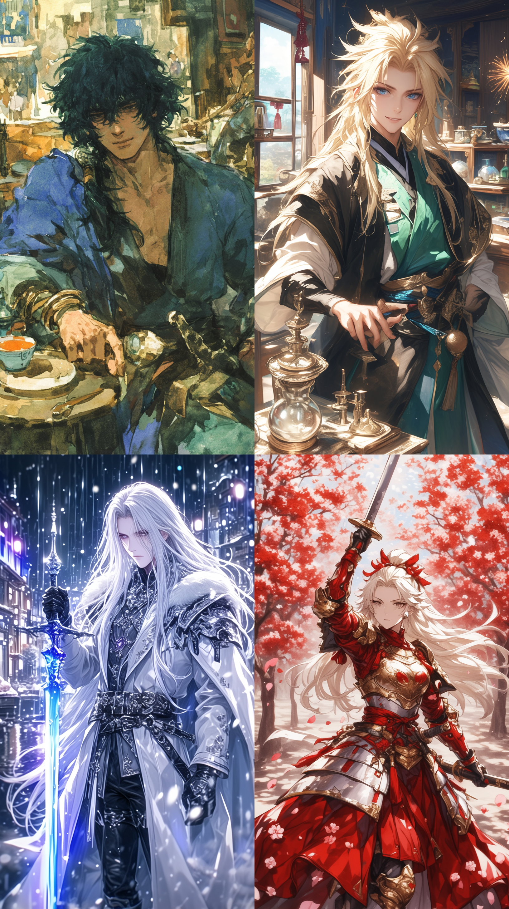 水彩绘画，望远镜镜头，英俊的古风美男桌台上舞剑，汉服，长发凌乱，容貌俊美，衣衫不整，眼神迷离，窗外有烟火，曲率，透视构图，线条轮廓清晰，细节丰富精致，梦幻般的氛围，极高清，32k，自然光影