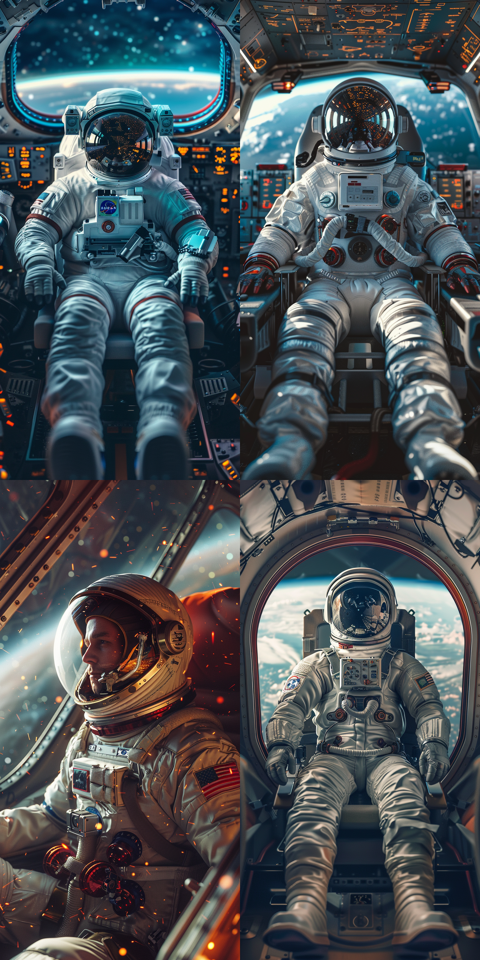 航天驾驶员，身穿宇航服，坐在驾驶舱里面，宇宙星空背景，超写实摄影，梦幻引擎，辛烷值渲染，全景摄影，正面视角，中心构图，超精细，超清晰，超高分辨率，超高质量，超高品质，超高细节，超高清，32k