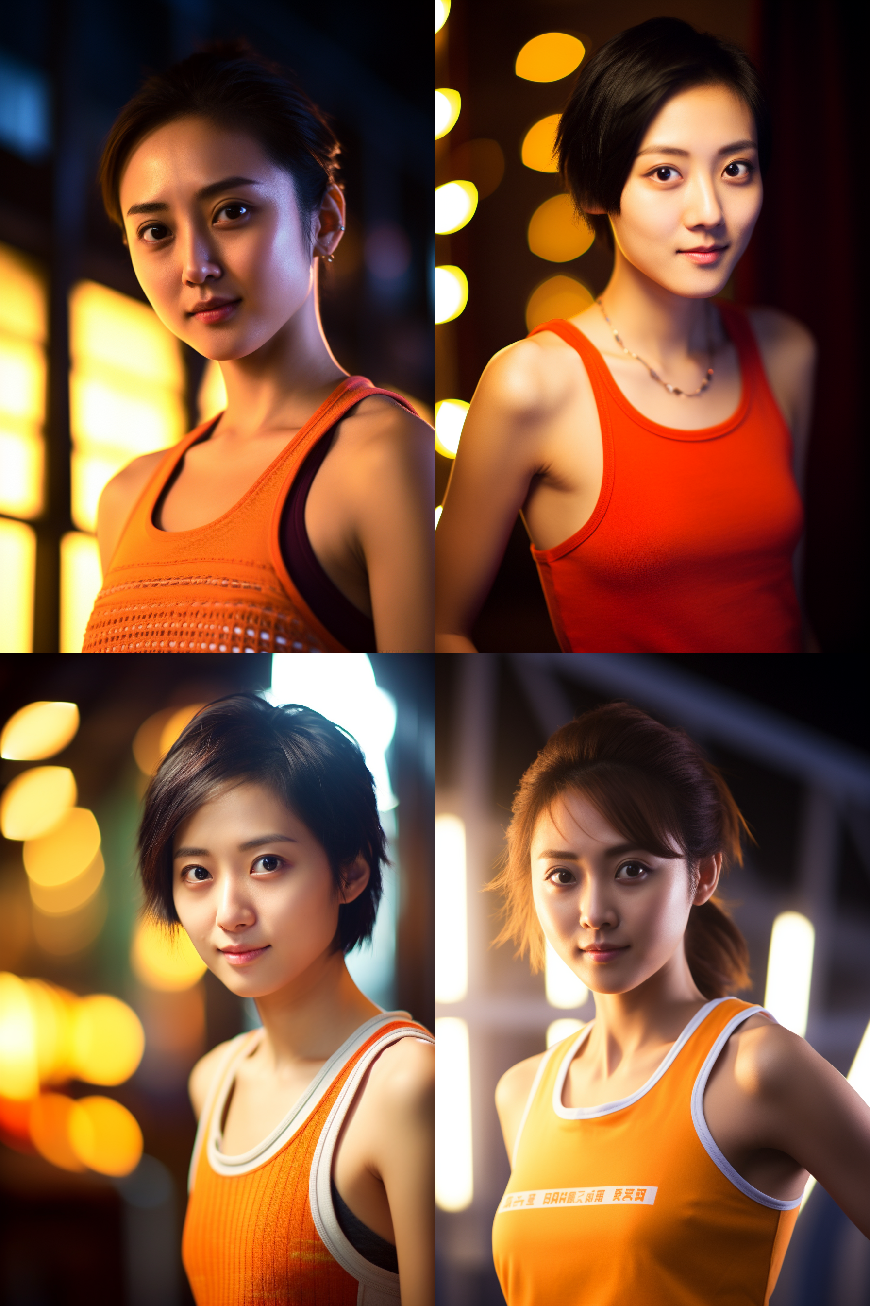 中国短发女孩，穿背心，明亮光线，摄影图 portrait, bright lighting, chinese short-haired girl, tank top, high key, close-up, natural light, warm colors, shallow depth of field, soft focus, genuine smile.