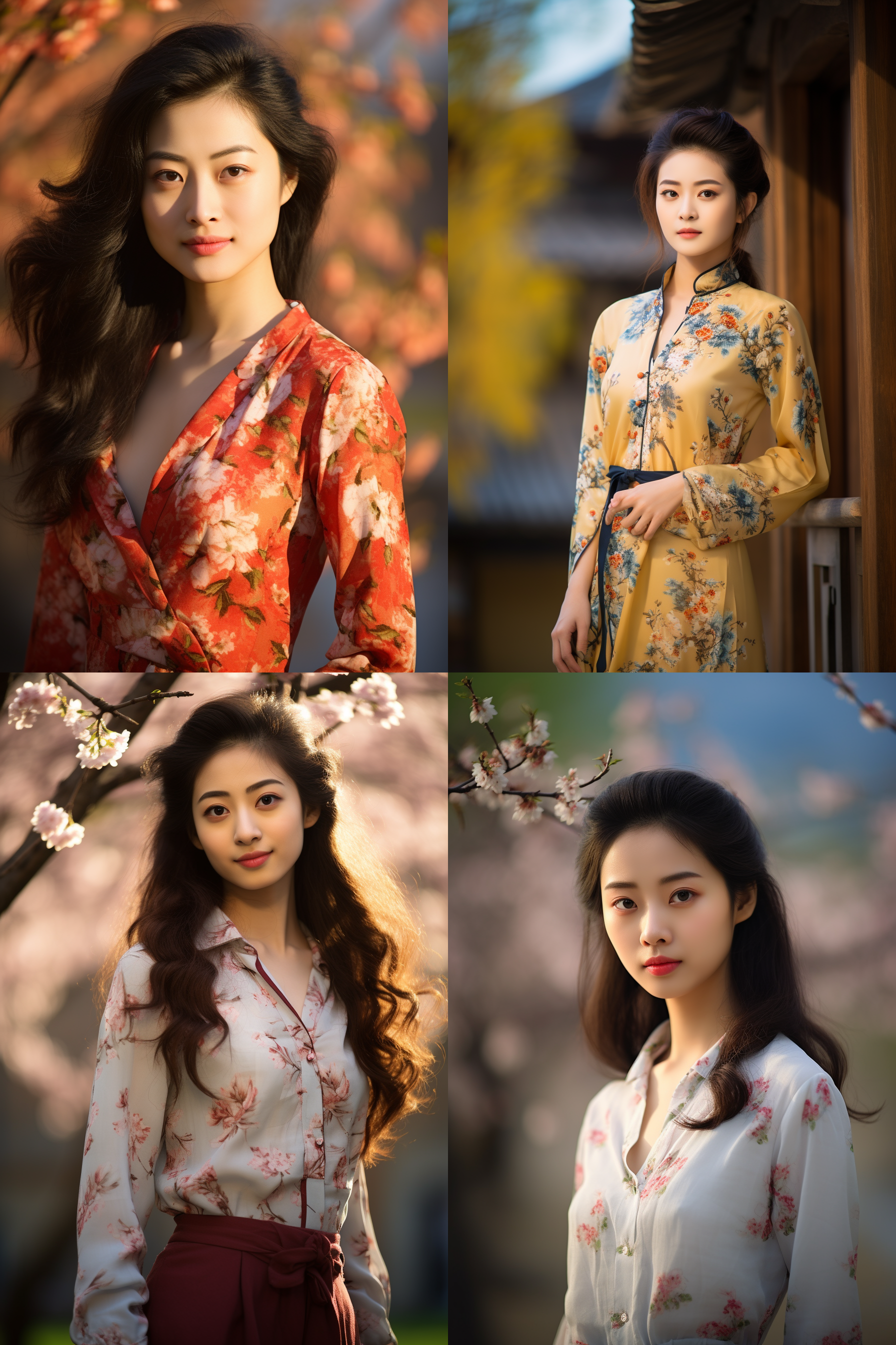 中国女孩，套裙服饰，春日摄影，明亮光线， 清新自然，户外风景，肖像模式，中焦镜头，自然姿态，