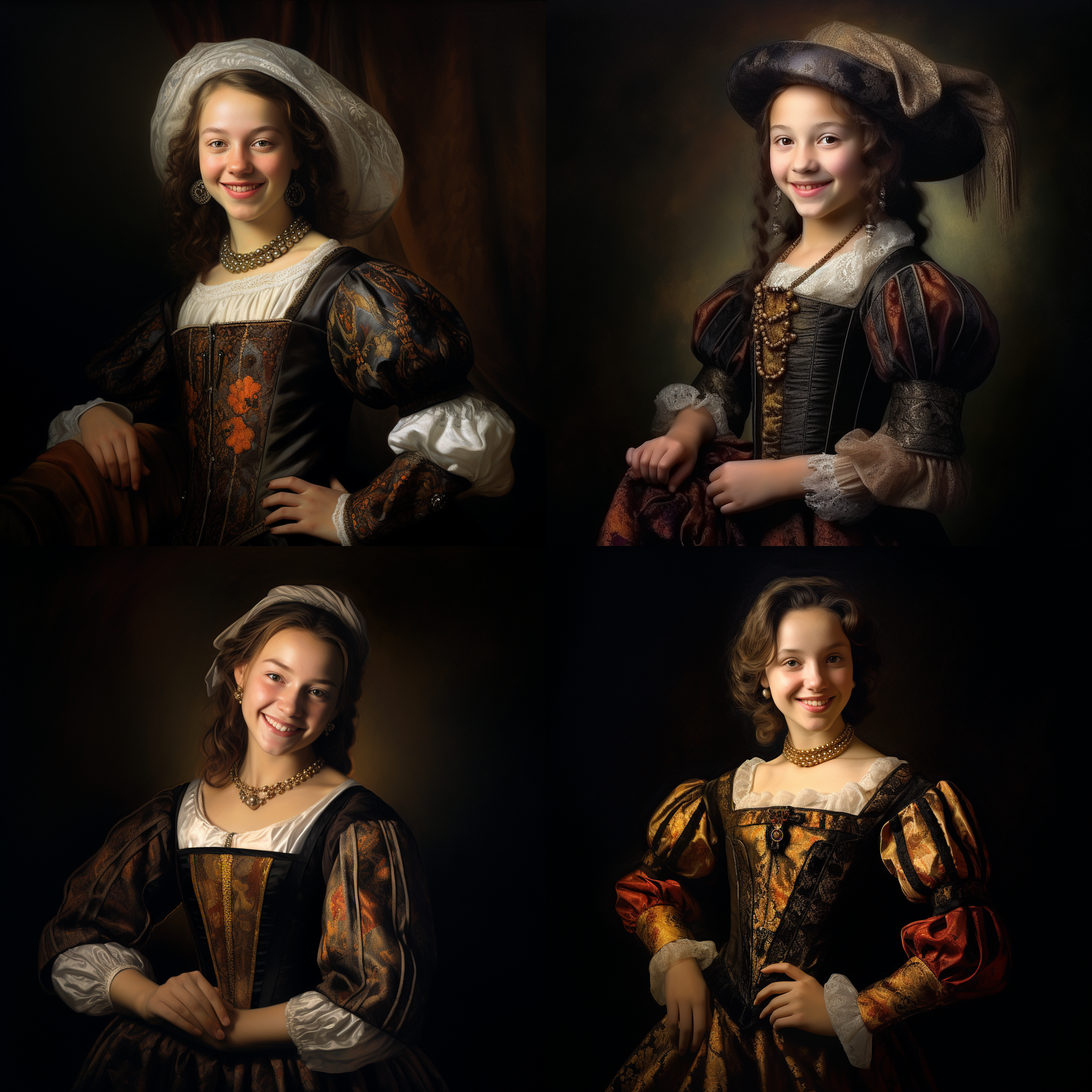 在伦勃朗光下，一个正视角穿着装带着微笑的女孩