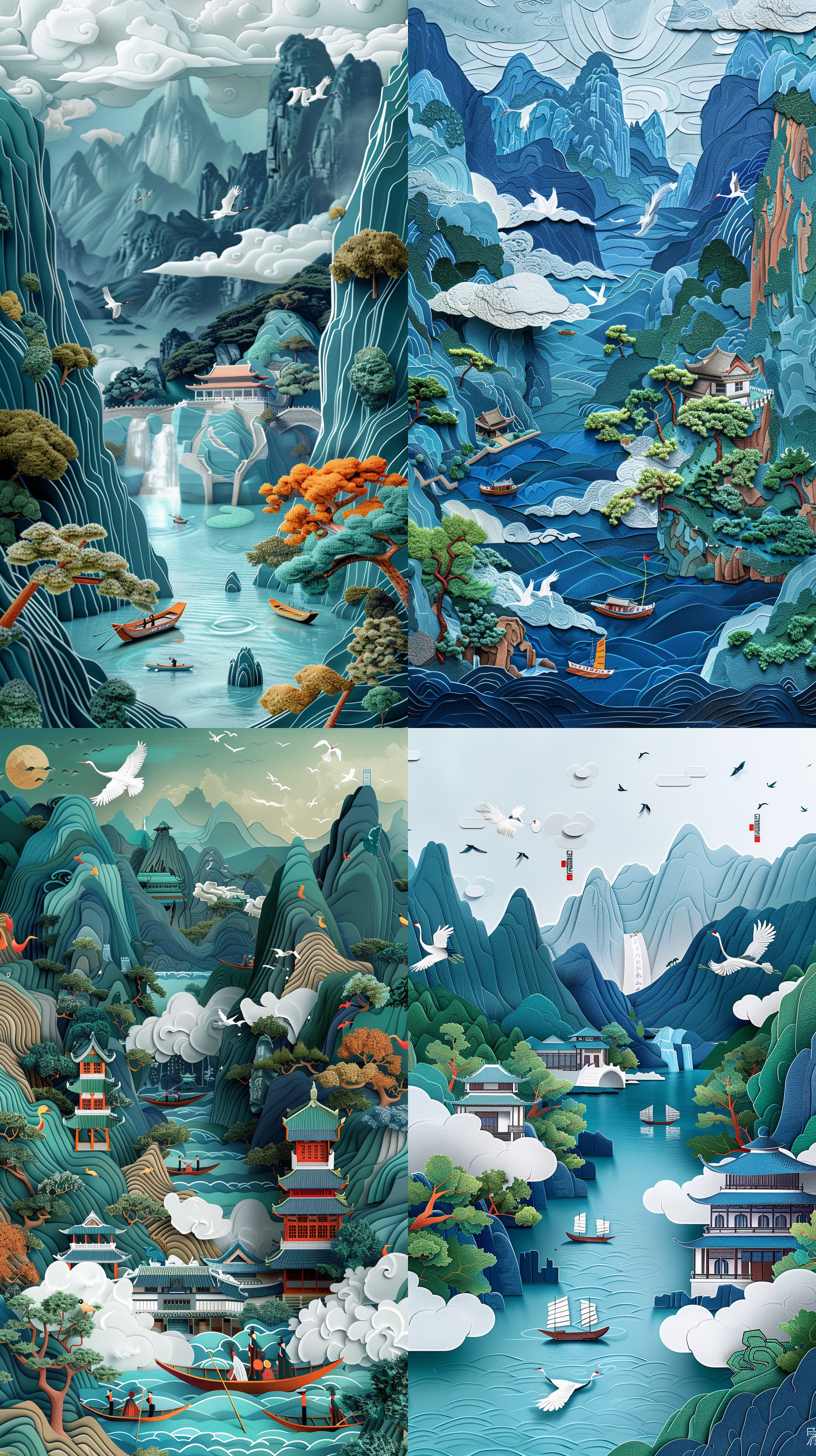 idle clouds, small boats, mountains and rivers, streams, rivers, pine trees, white cranes, ancient chinese architecture, blue background chinese illustrations, multi-dimensional paper patchwork,chinese architecture, big scene, big perspective, paper style, morandi color,neoclassicism, stereogram, uhd, super detail, uhd, high details, super detail, high quality