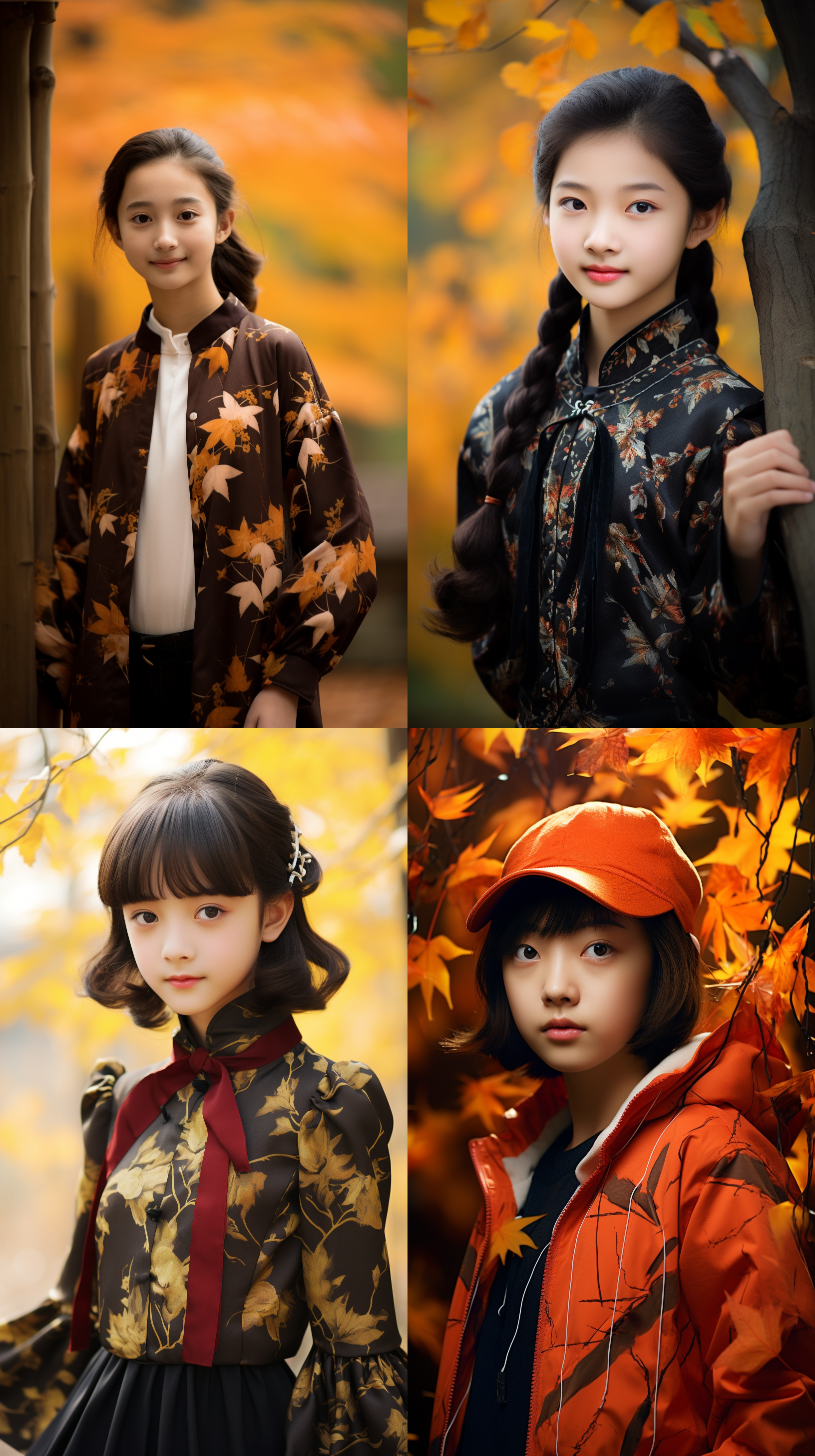 12岁中国女孩,肖像镜头，枫林背景