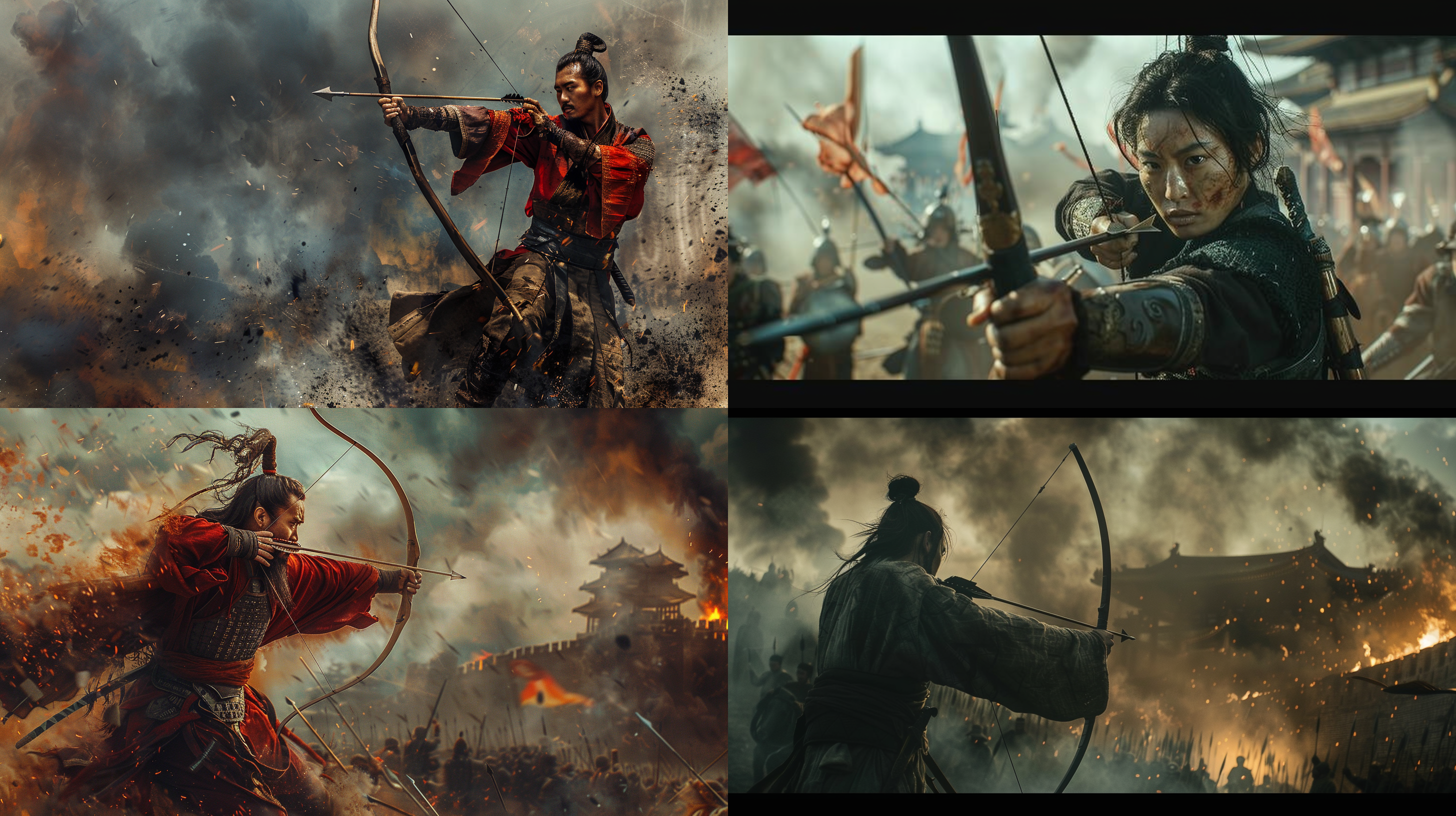 chinese martial arts war scenes, movie style. long view, full body,there is a chinese warrior holding a bow and arrow, dressed in traditional attire,the background is the city wall, with smoke and smoke rising from it, creating a cinematic atmosphere. the photos feature high contrast and realistic lighting and shadows, creating a dynamic, vivid, and vibrant atmosphere. using an 8k camera and wide-angle lens, the concept art effect is realistic.