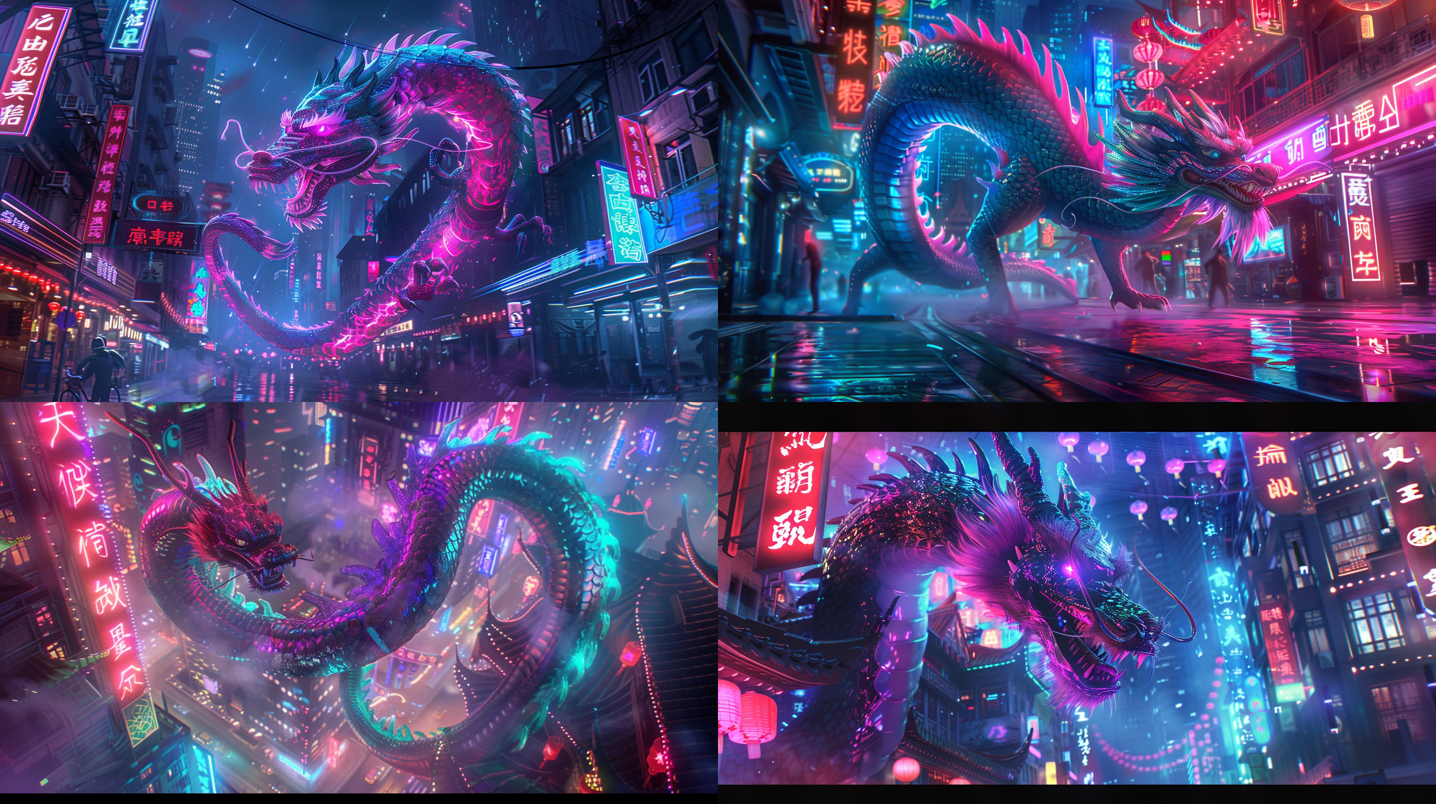 中式龙卡通形象，科技炫酷，五彩缤纷，未来城市，霓虹灯光，超广角镜头，全投影，动姿势，机器人助手，活力四射。