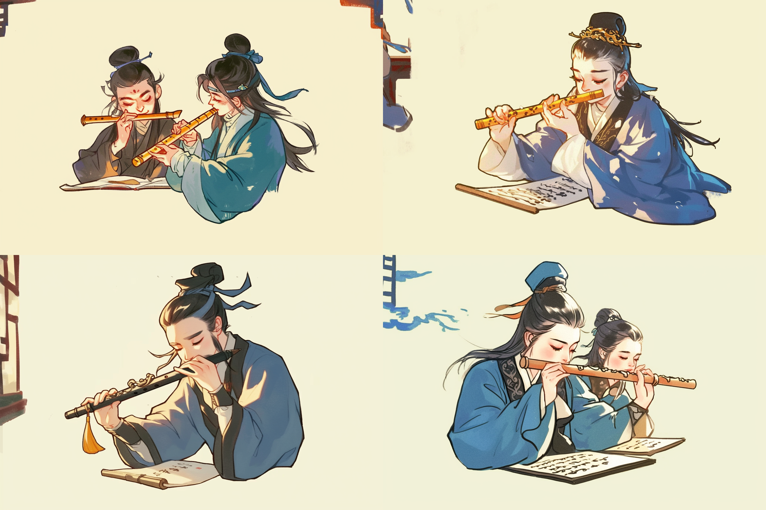 q版古人，小诗人在写诗 q版风格，古代服饰，专注写作，明亮色调，传统文具，侧光，温暖氛围，古典元素，神情专注，创意创作，幽静。 漫画 干净背景