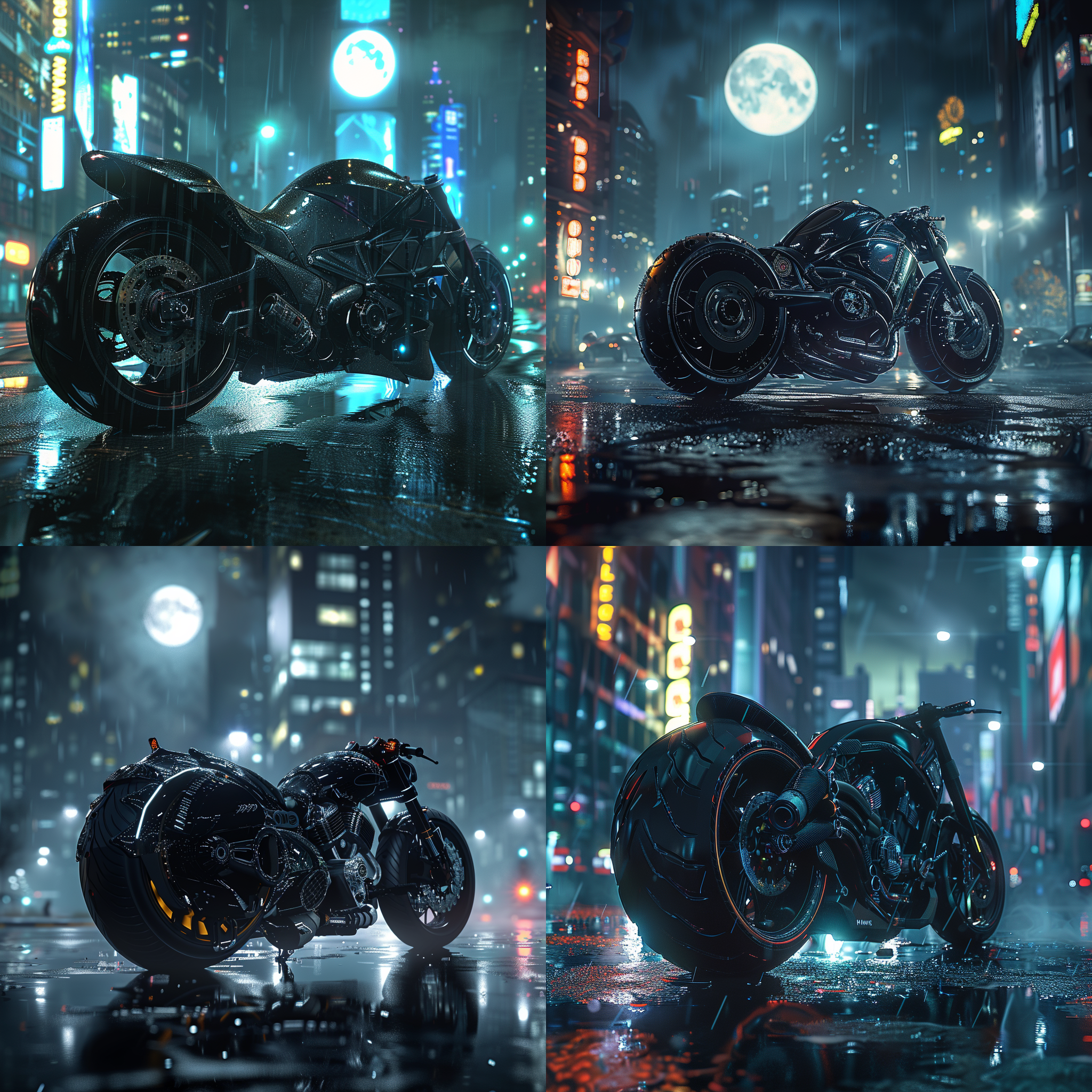 一台黑色靓丽的摩托车，酷炫贴图，赛博朋克城市背景，夜晚，明月，地面潮湿，细节清晰，真实质感，8k