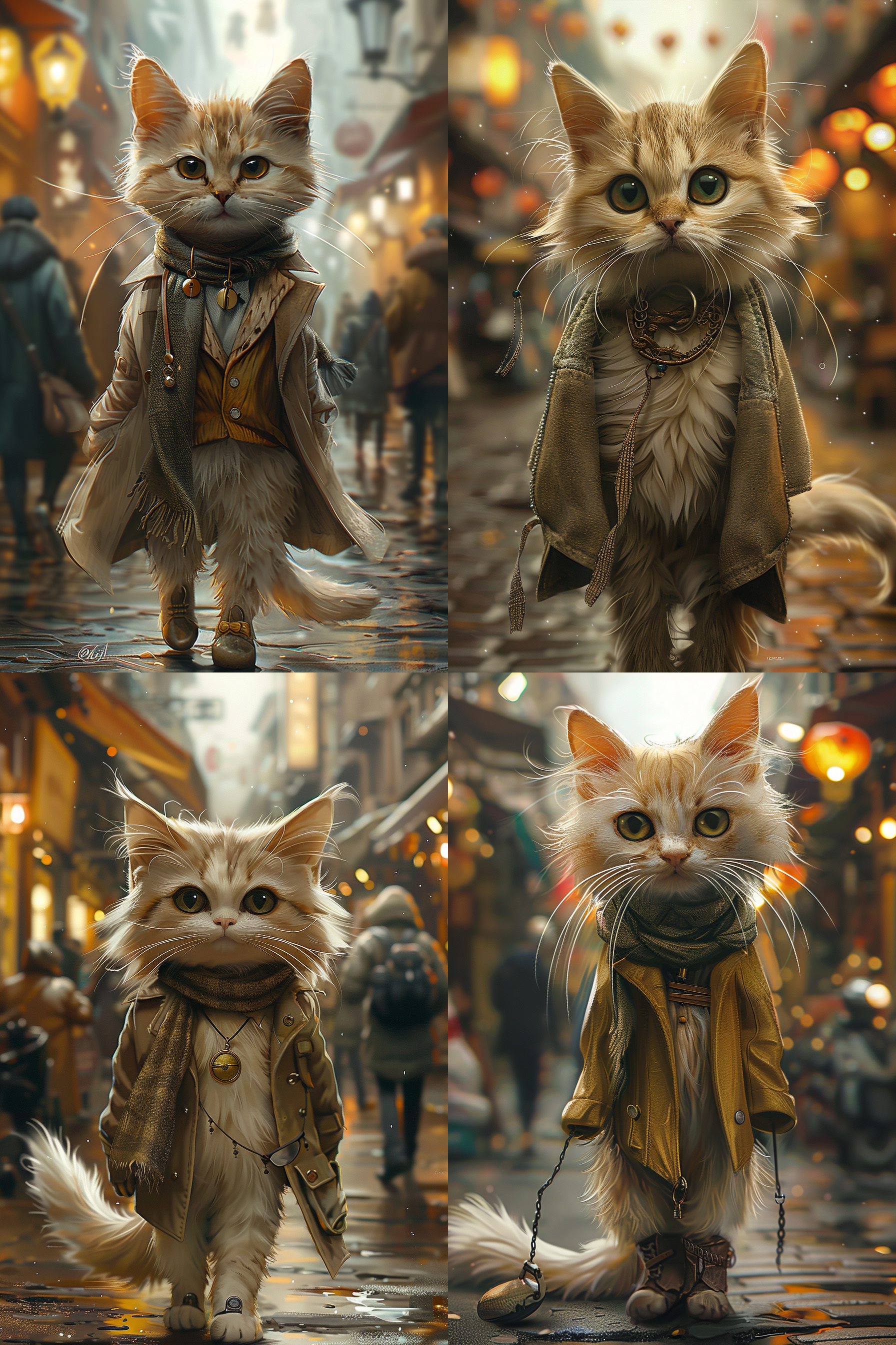 卡通猫在都市街头直立行走，细节精致，自信微笑，时尚穿搭，高跟鞋，繁华街道，柔和光线，中等焦距，生动色彩，轻松愉悦。