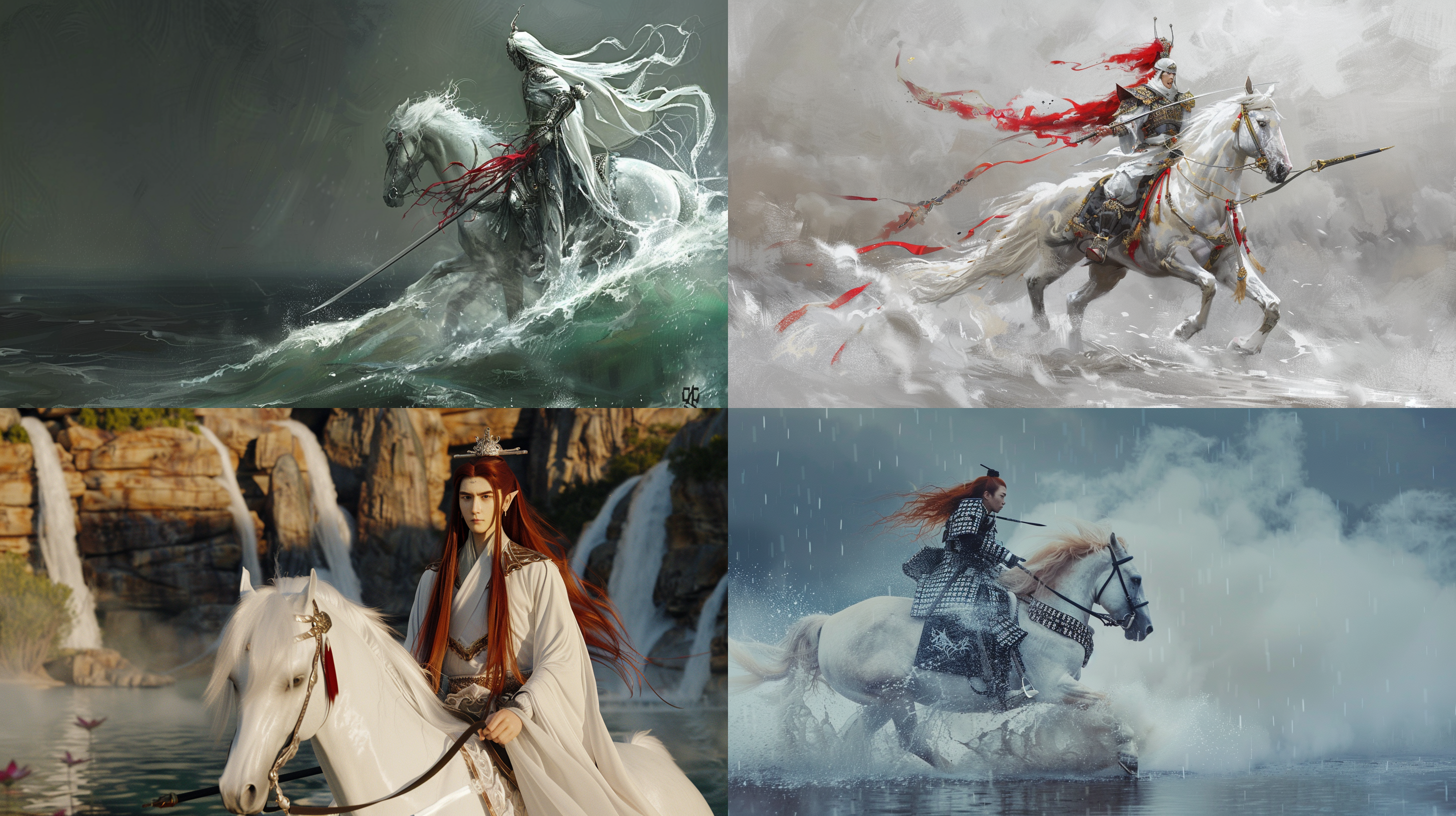 一名骑着白马的男子，亚洲人，武侠风，红色长发，忧郁的表情，身穿传统服饰，腰间佩戴一把长剑，侧面，高挑，身披白色薄纱，水，烟，最好画质，更高质量，高细节，轮廓光，自然光，电影级光照