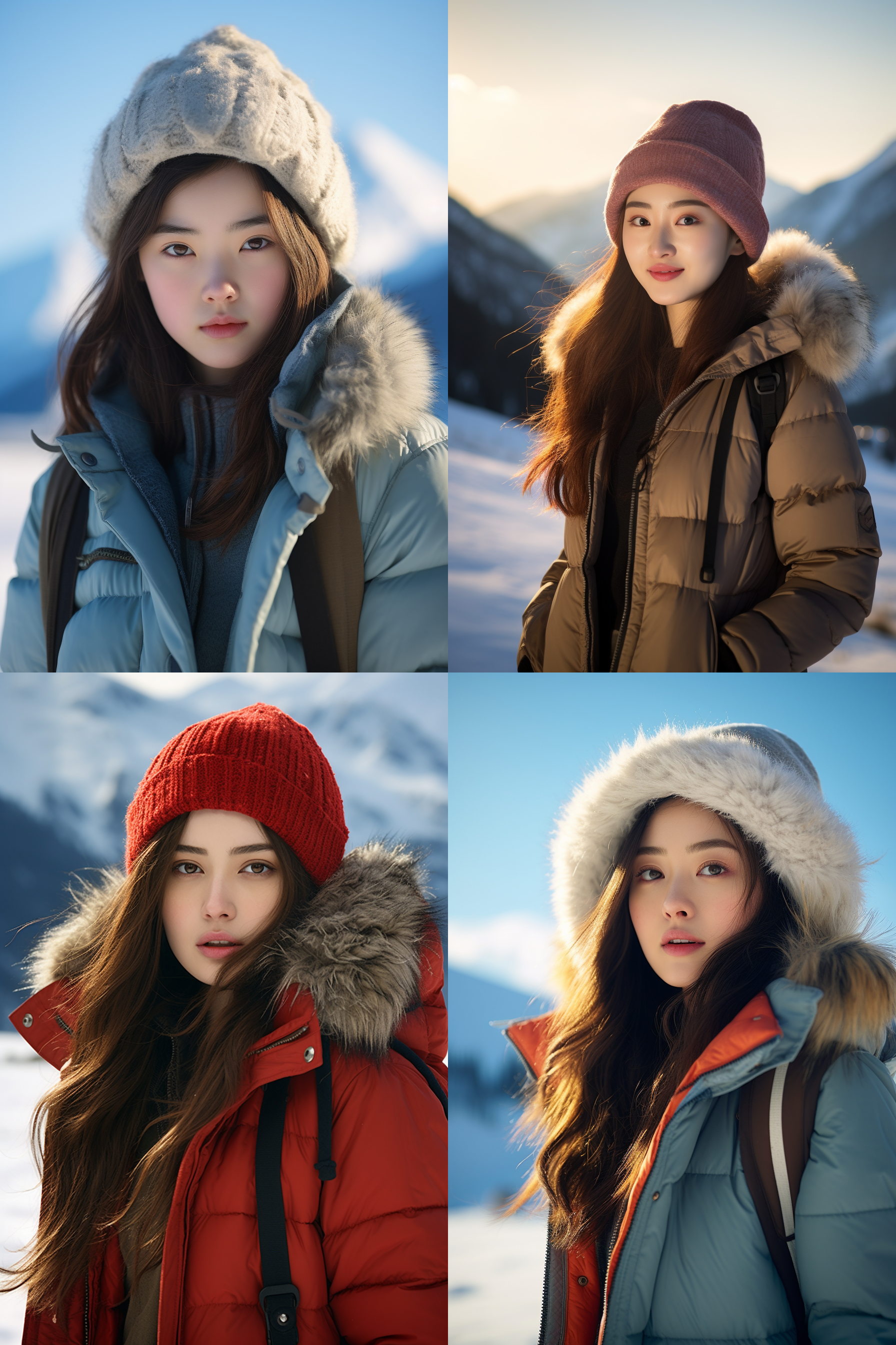 中国女孩冬季户外，穿着羽绒服和毛线帽，背景是雪山，阳光明亮。肖像，自然光，超高清，风景，暖色调，自然动作，纯净，活力。