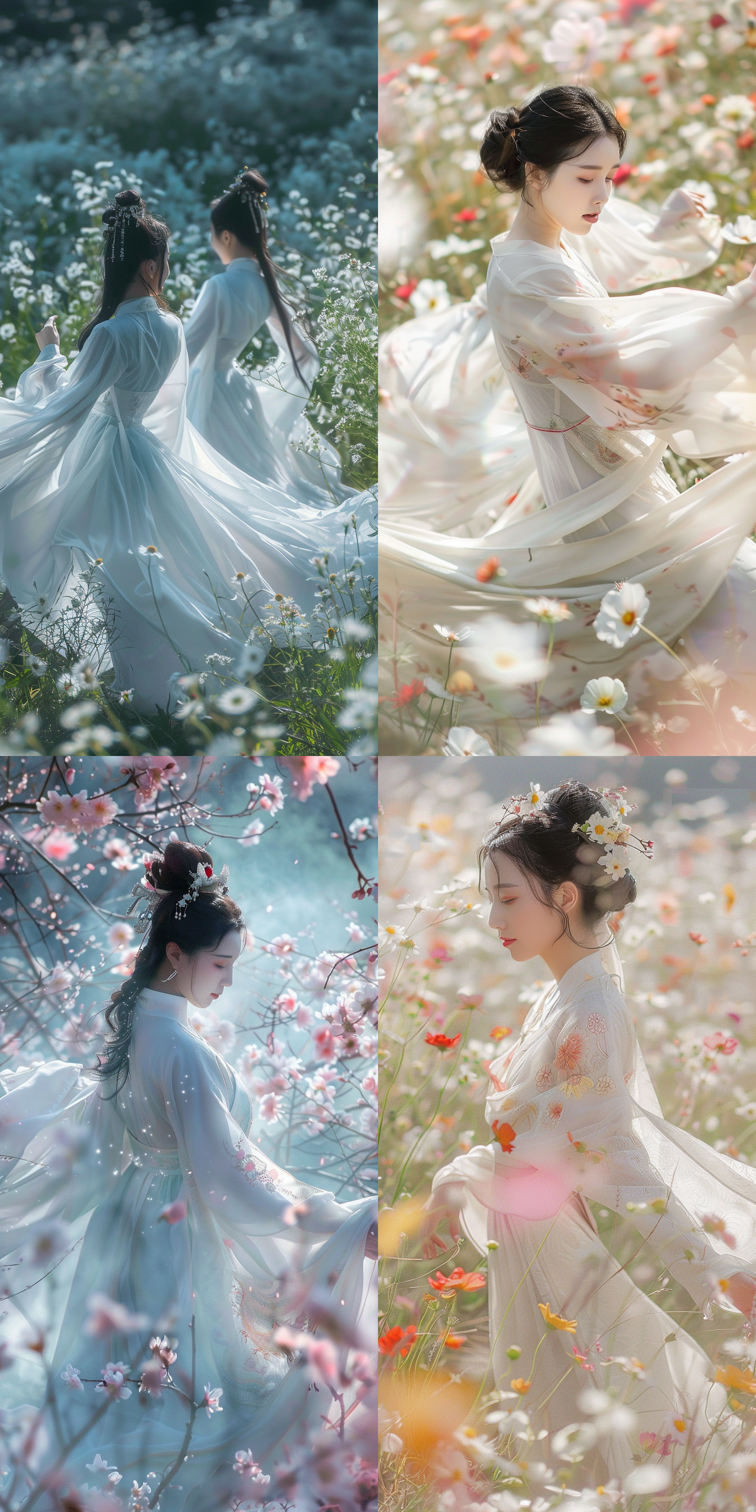 立夏节气，汉服舞者，花海里，传统风格，柔和色调，长焦镜头，正面光，舞动，优雅，喜庆。
