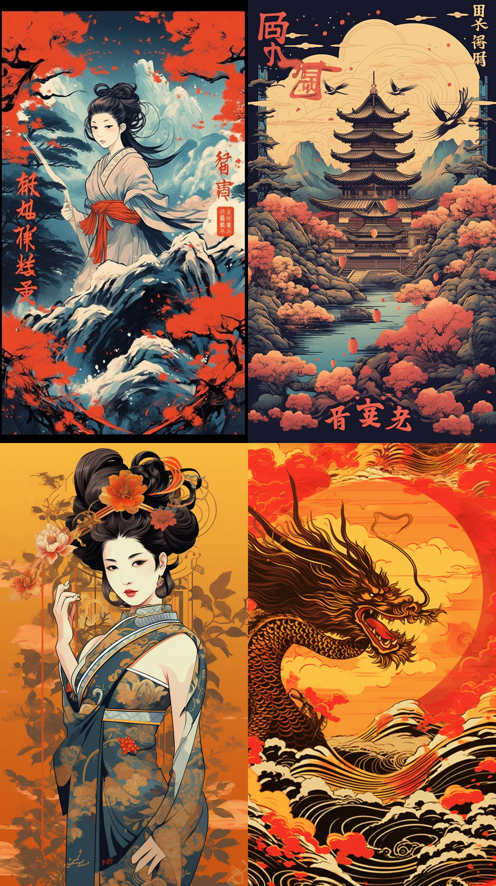 中国风主题，金色调色板，4k分辨率，宣传海报风格，新颖构图，手绘风格描绘。 手绘涂鸦 海报风格