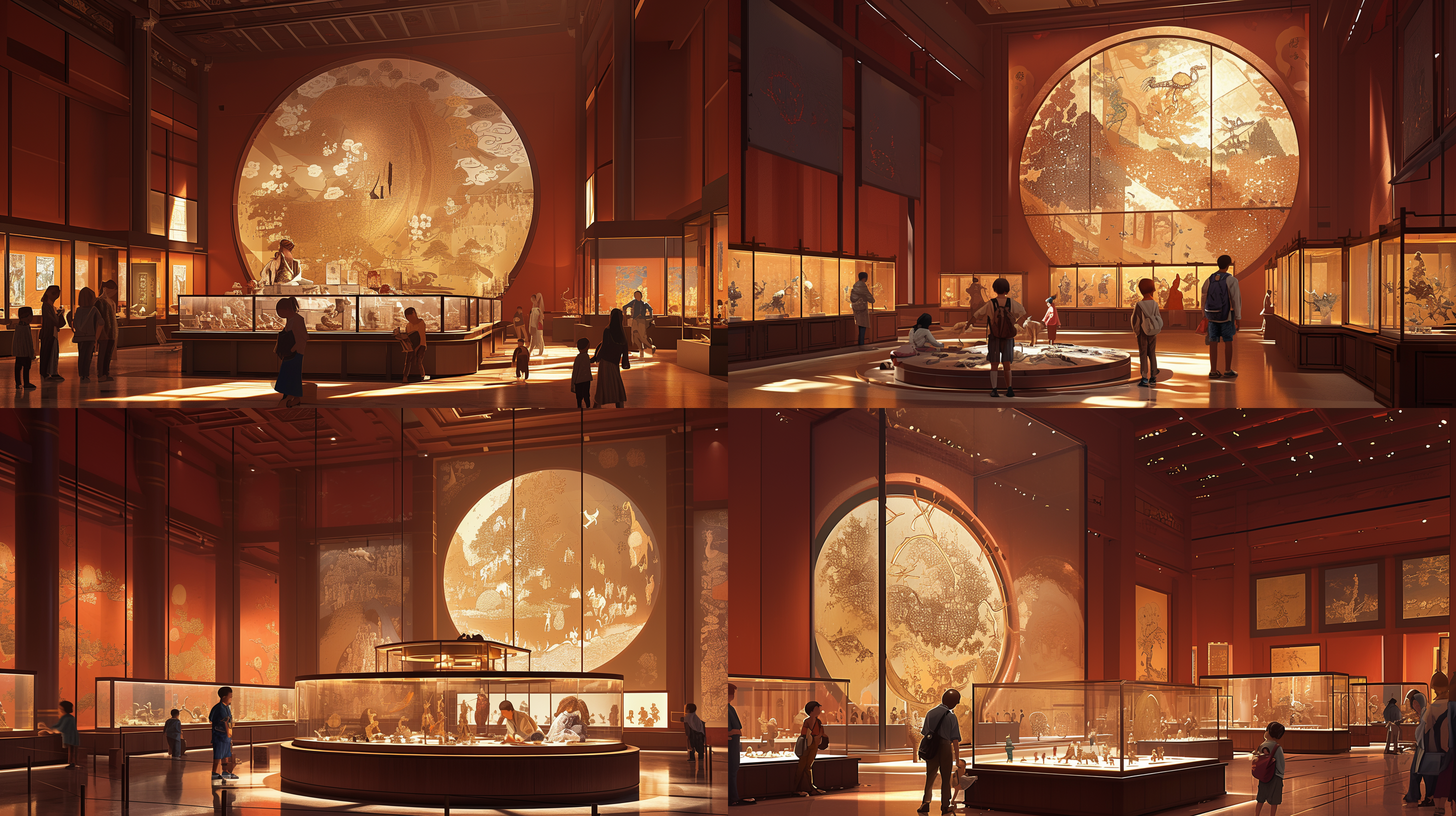 剪纸展厅，高大层次，暖白灯光，小孩观展，曲线造型，广角镜头，质感，柔和光线，红色点缀，木色展柜，暖调，非遗。