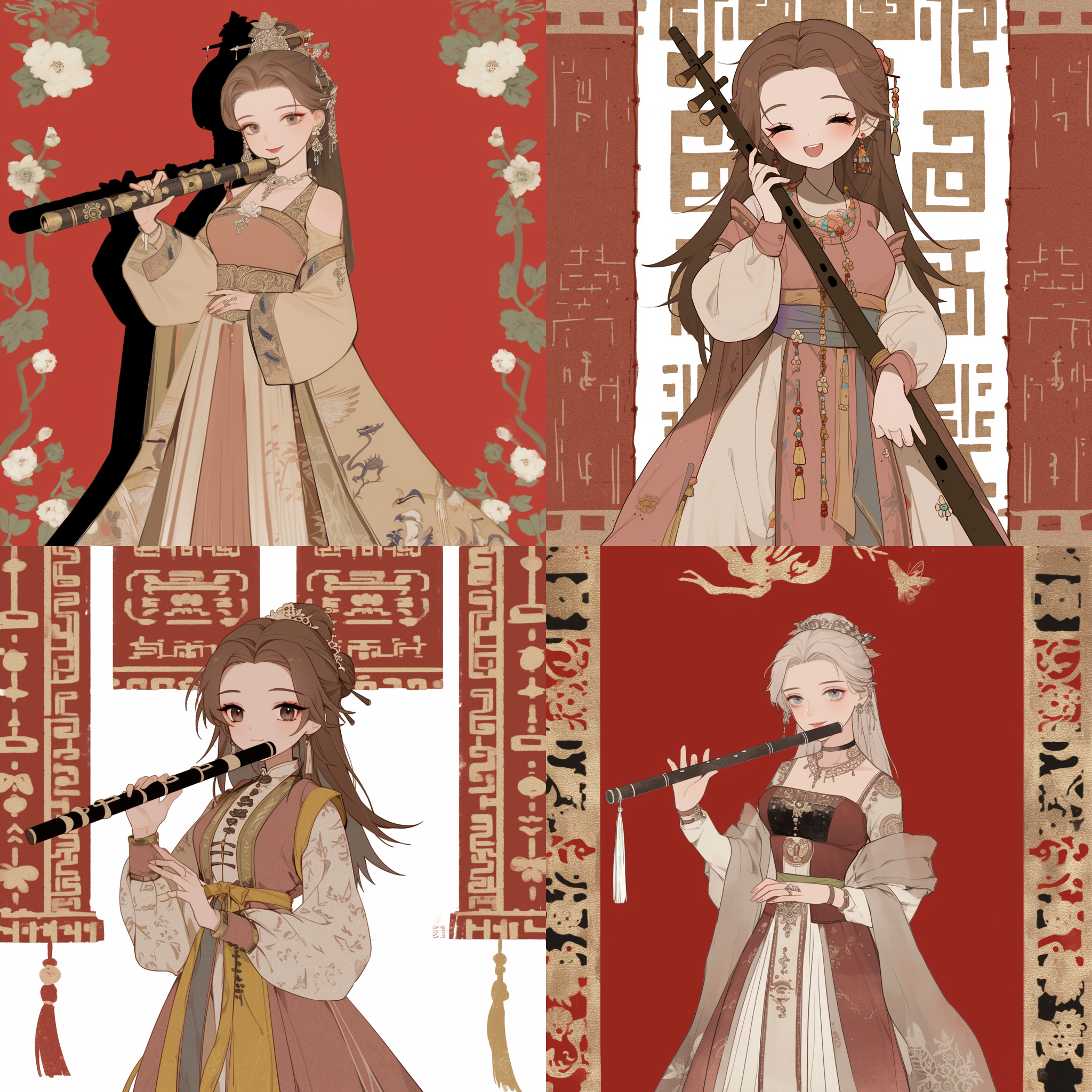 秦淮歌姬，手拿笛子，淡妆，梨园头牌，梳倭堕髻，人丽如花，清新淡雅，有大家风度，衣服颜色明艳，萧，舞台上，红色背景，逆光，传统服饰，高对比度，表演，兴奋，喜悦。