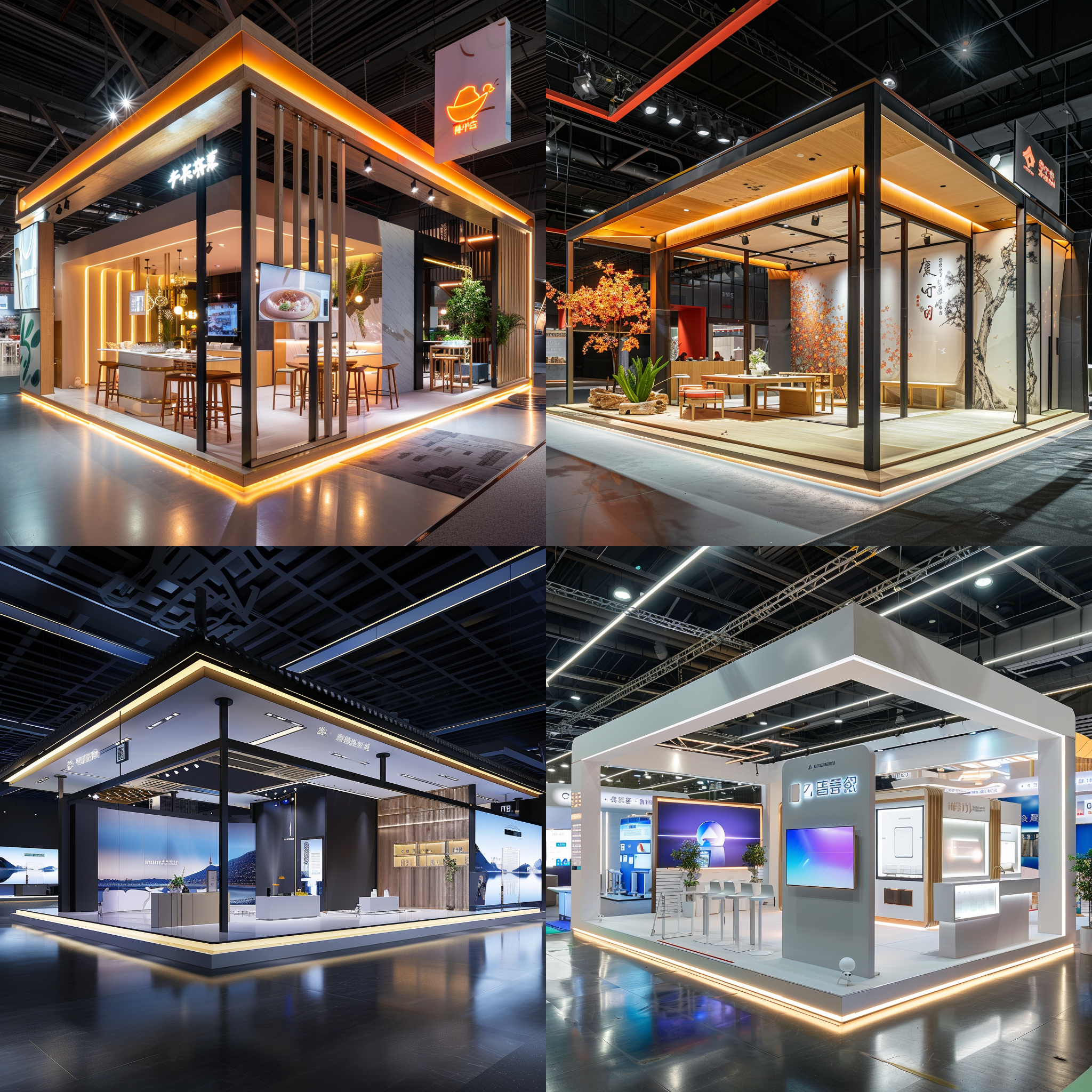 全封闭式展台，参观通道，清爽风格，产品展示，4k超高细节，氛围感浓厚，国风氛围，高清拍摄，广角镜头，明亮照明，展示动作，细节突出，视觉冲击力。