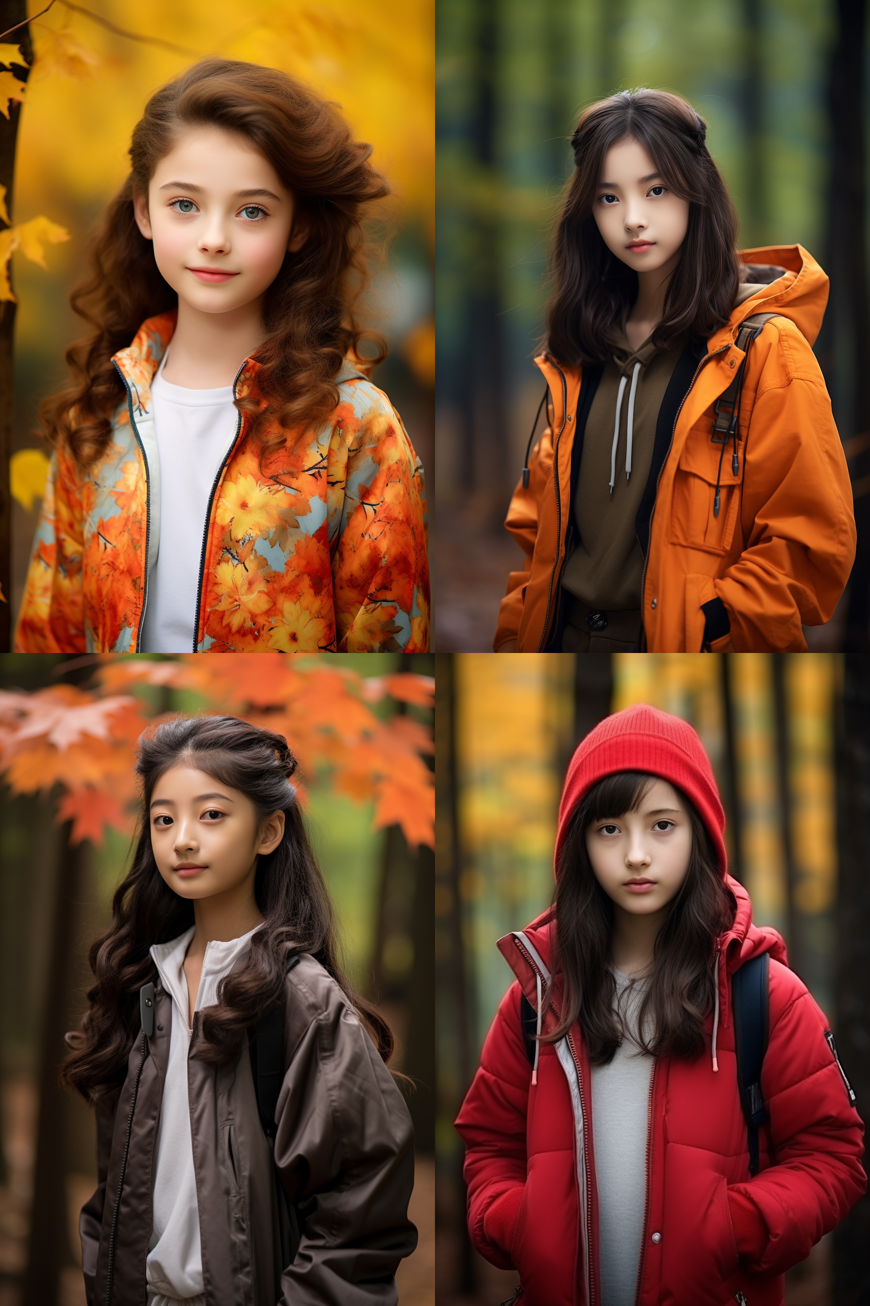 12岁中国女孩,肖像镜头，枫林背景