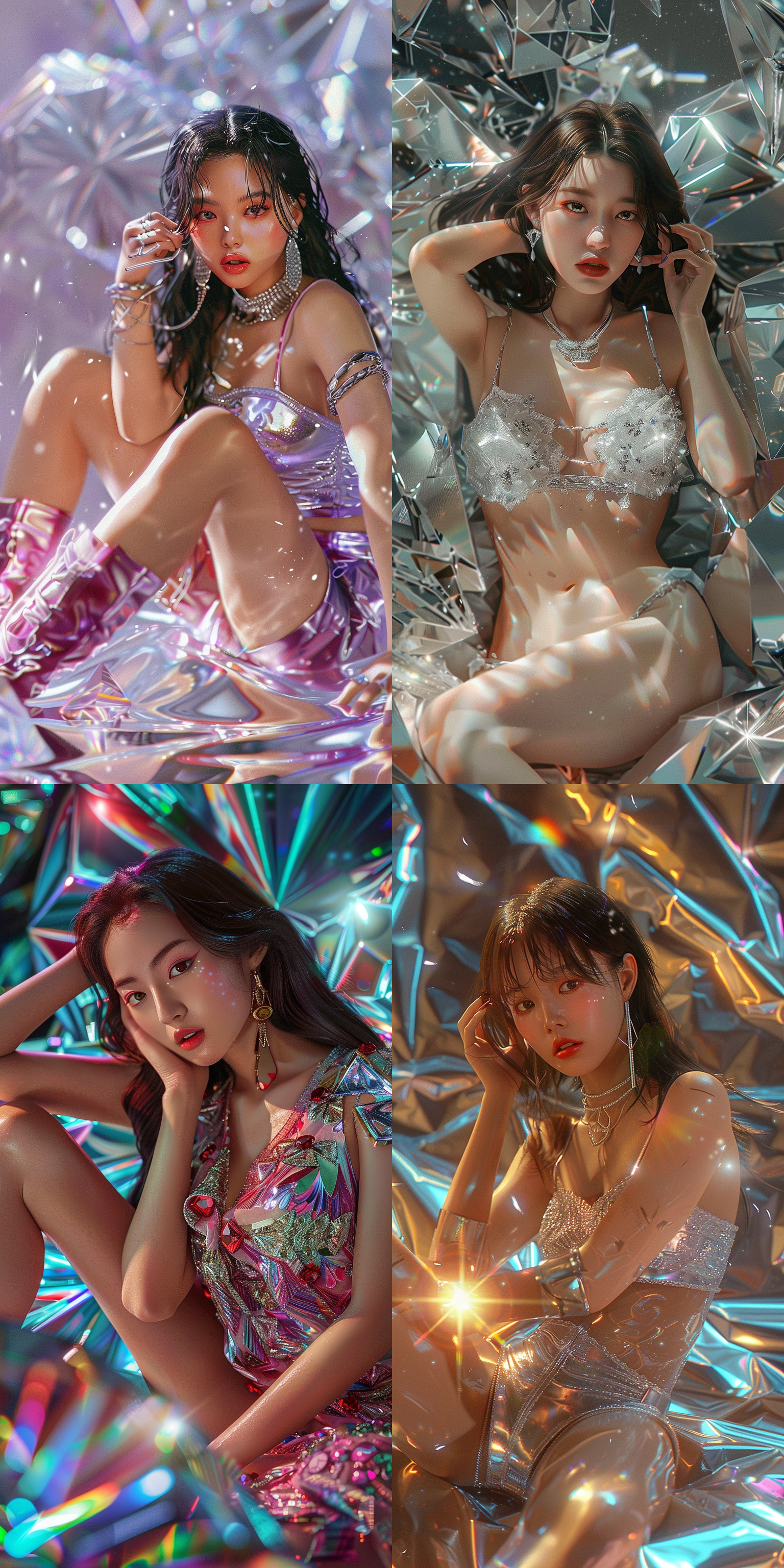 hajime sorayama style, beautiful asian woman with super delicate face,plump figure.sitting on diamond, real metal texture, bright colors, super quality, high details, high quality photography