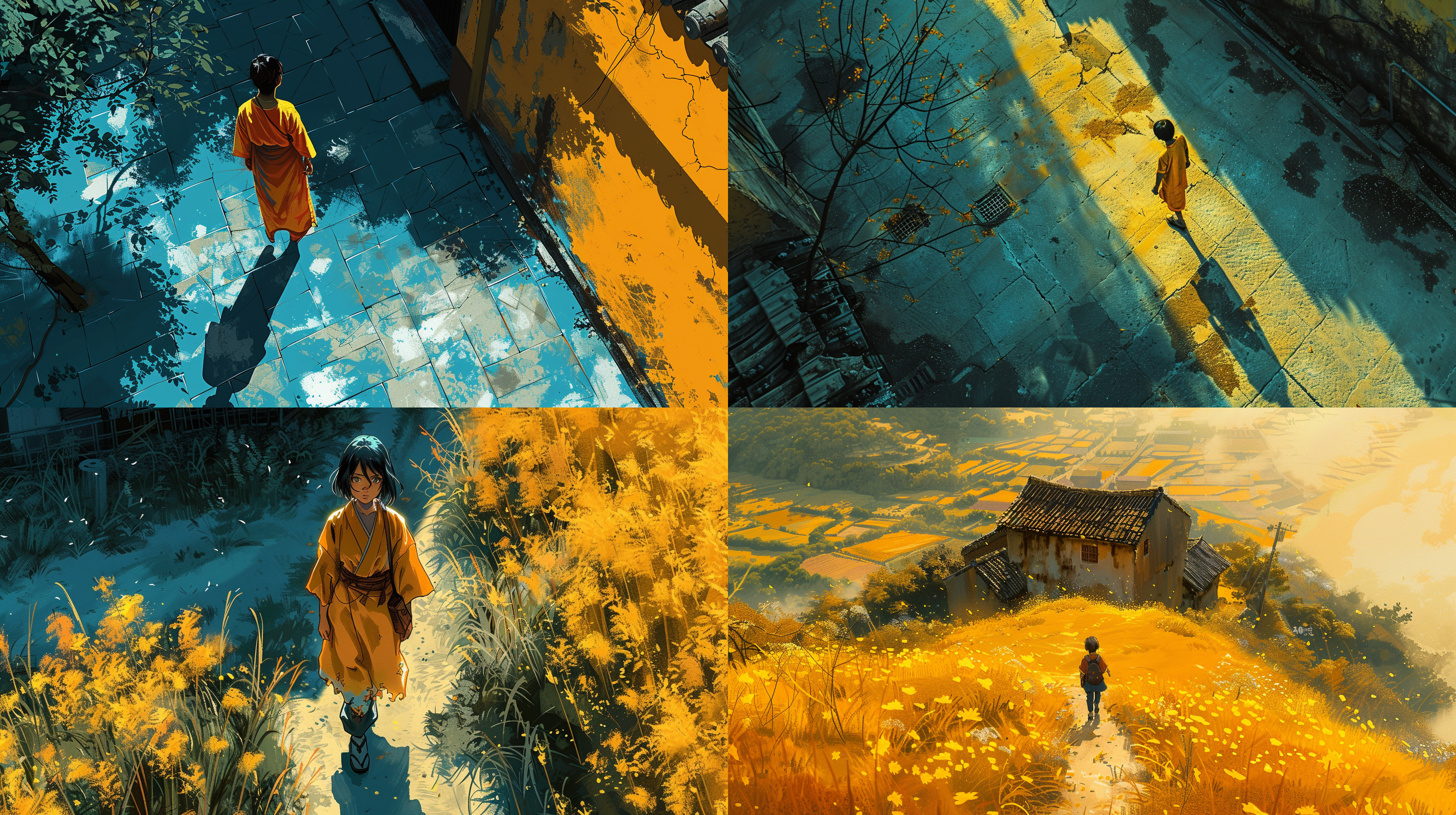 a cartoon character walking in the , inthe style ofli wei, dark yellow and lightindigo, aerialphotography, rural lifescenes, movie poster azure, vibrantuse oflight and shadow