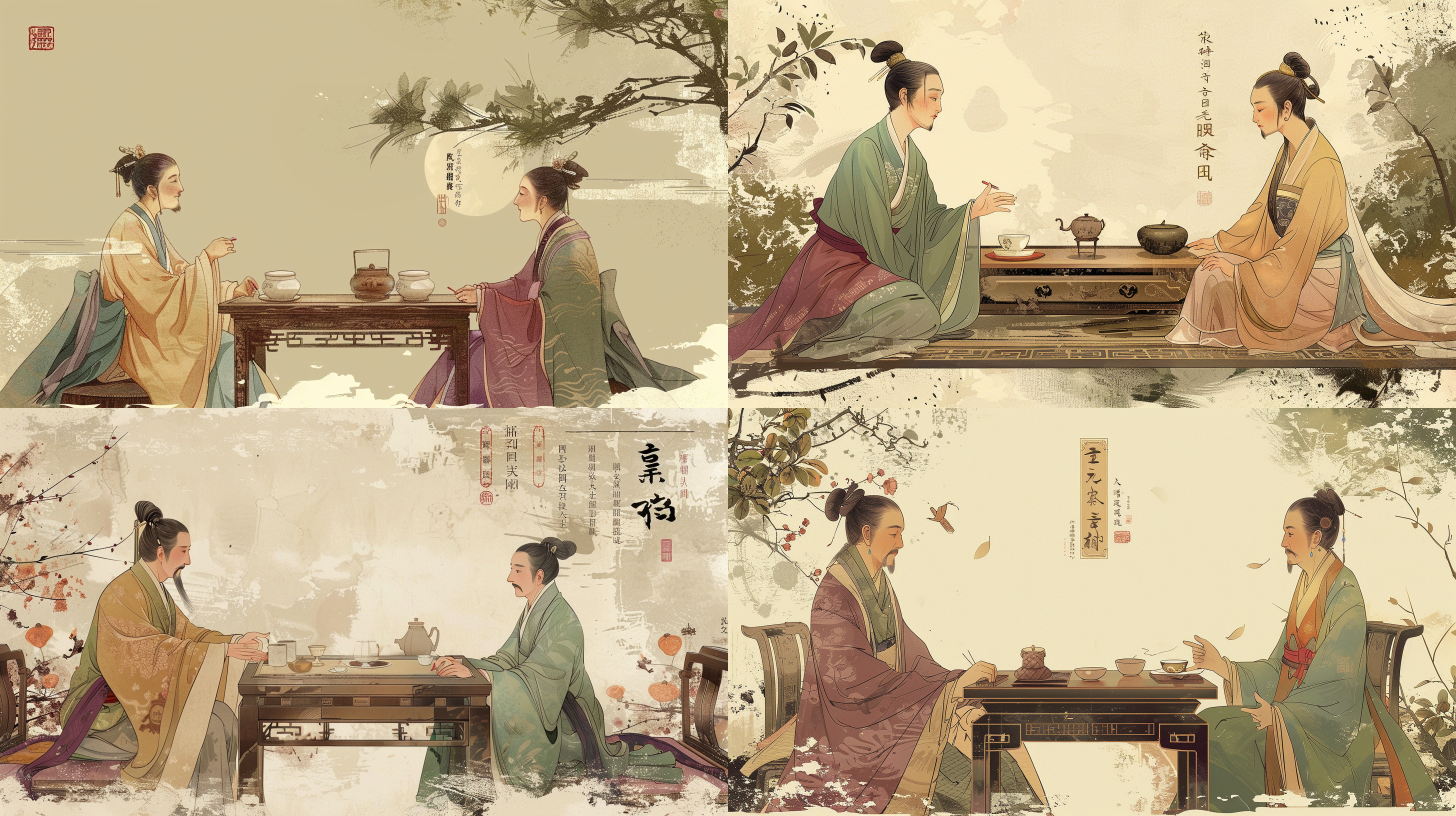 中医为女患者把脉，2人隔着古色桌子对坐，中医专注神情，古代服饰，干净背景，全景，q版国风，扁平插画，古典色调，细节描绘。