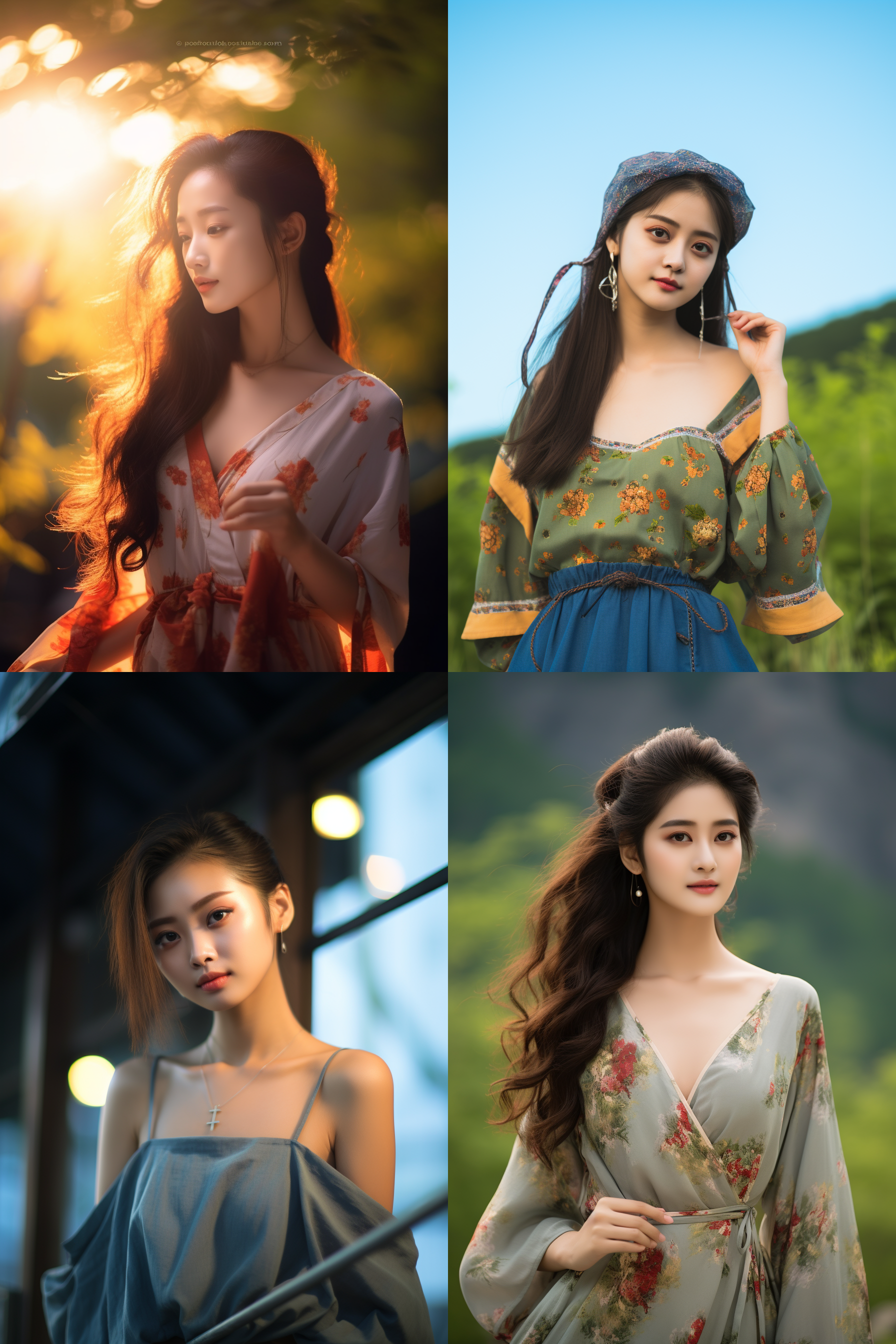中国女孩，夏季服饰，夏日摄影，明亮光线， 清新自然，户外风景，肖像模式，中焦镜头，自然姿态，