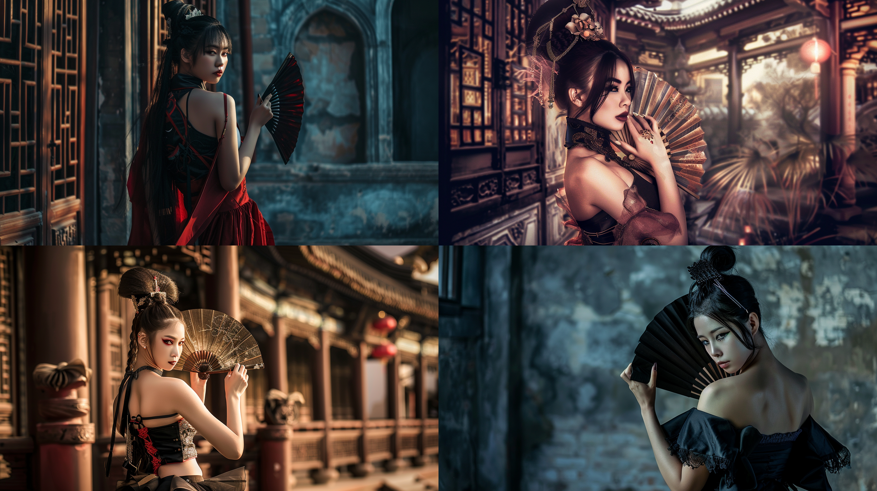 东方美女，高马尾，马面裙，犀利眼神，右手扇子遮面，古代建筑背景，全身镜头，黑暗色调，侧光，神秘，端庄。