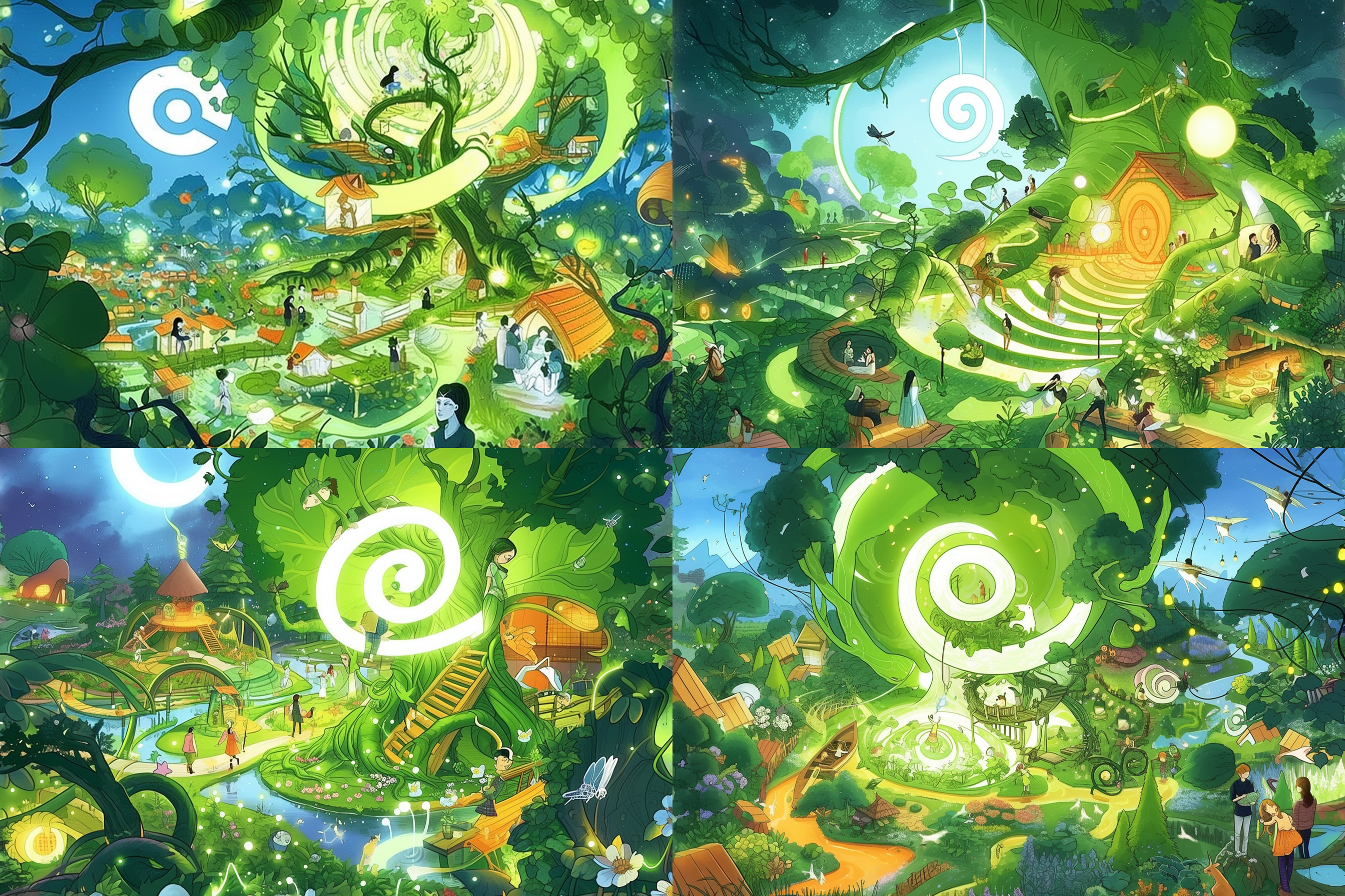 夜晚的魔幻发光森林，一座神秘的树屋被幽蓝色的荧光环绕着。这是一座萤火虫的家园，人类到萤火虫家园里探秘，神秘、奇幻、光影交错、独角兽、荧光、树屋、月亮、森林、花海、夜晚。 奇幻森林 森林 魔法花园 丁达尔效应 低角度 霓虹。细节清晰，精细 奇幻森林 森林 魔法花园 丁达尔效应 低角度 霓虹 绿野仙踪